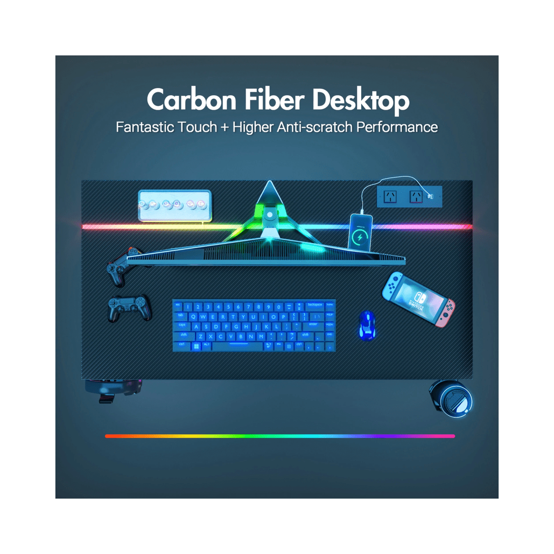 6 Advwin Gaming Desk Built-in Led Lights & Power Outlets 100cm Carbon Fiber Surface Computer Desk Black, 6 of 7