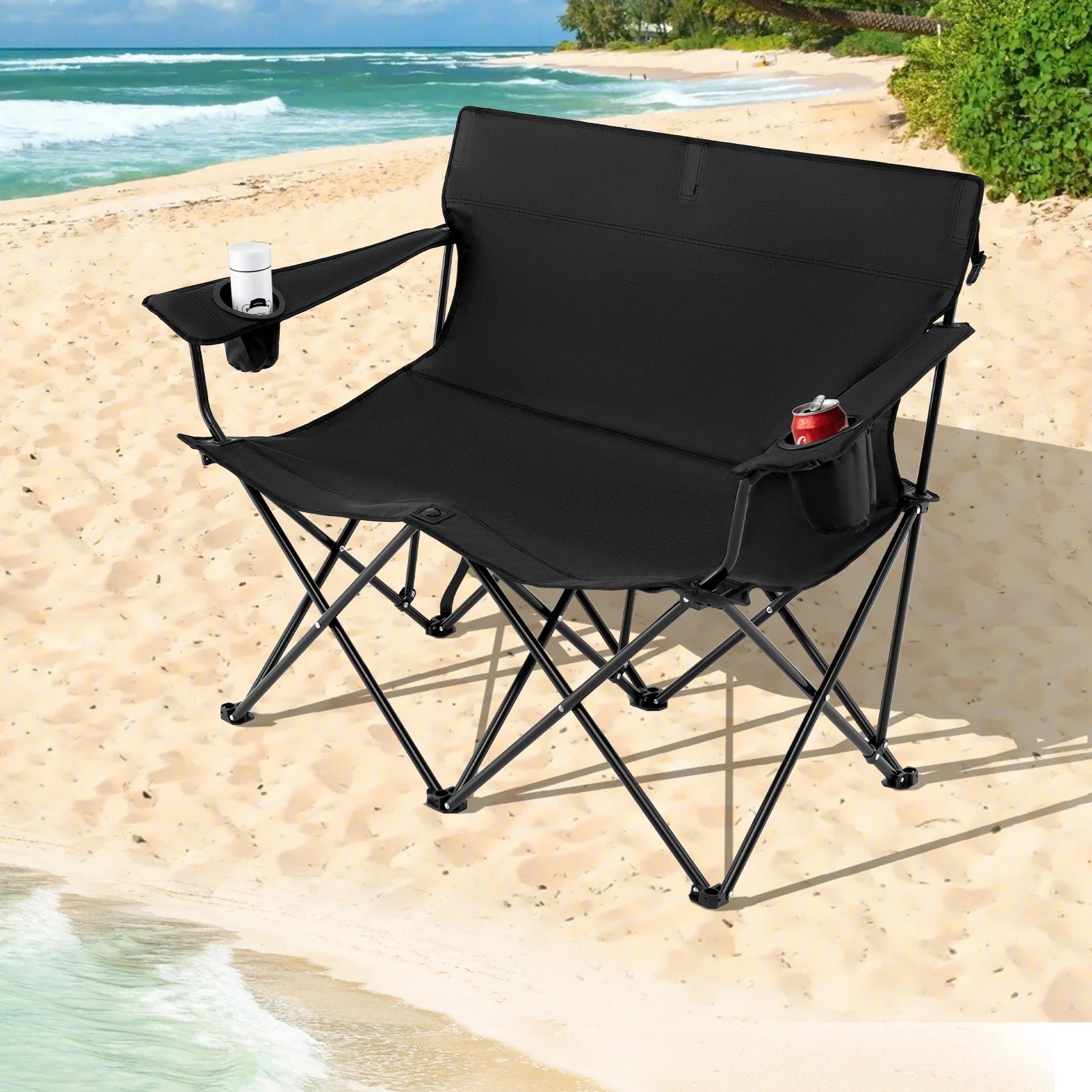 2 Costway Double Camping Chair 2-Person Portable Outdoor Folding Love Seat w/Cup Holders & Armrests - Black, 2 of 3