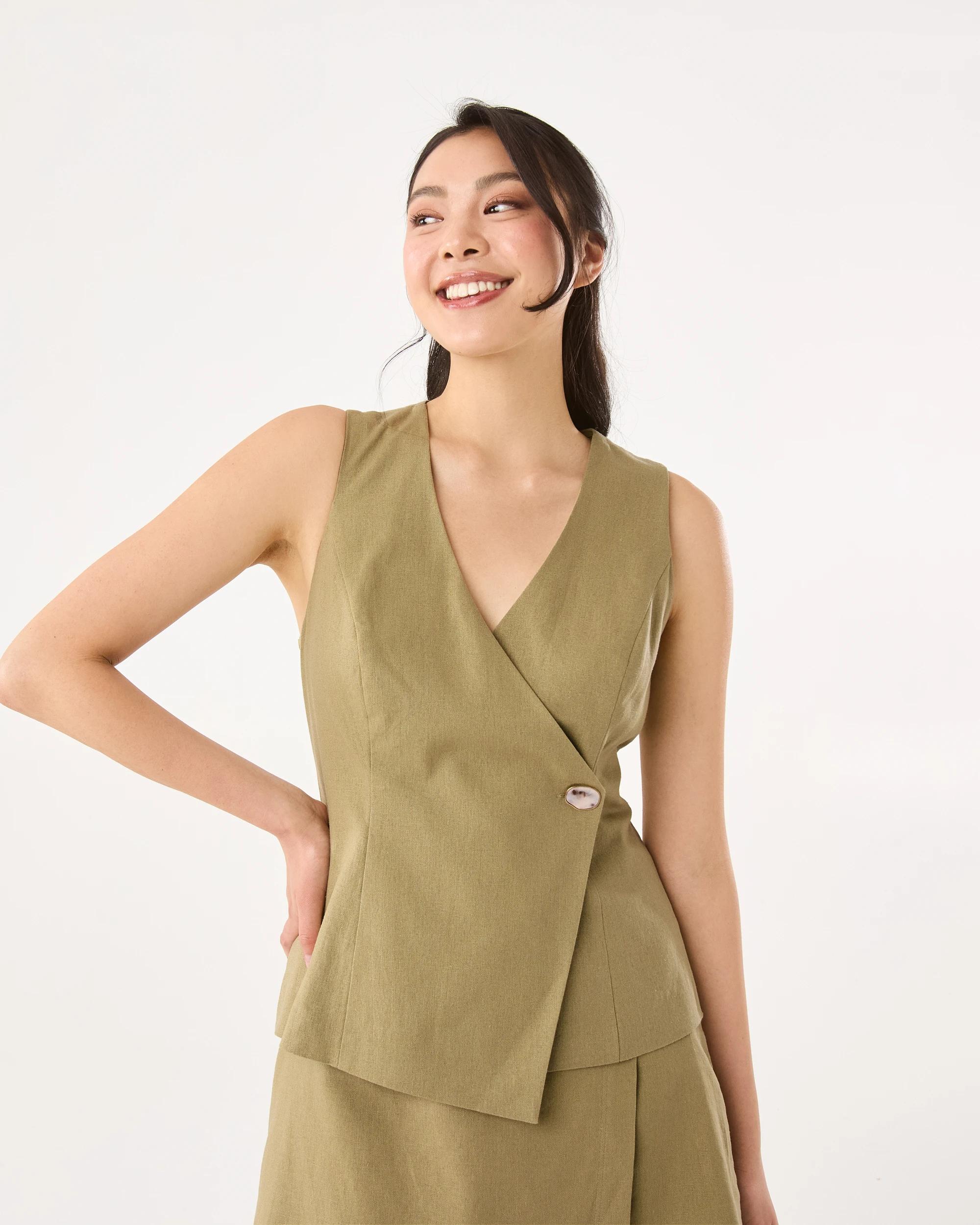 1 Sleeveless Wrap Linen Blend Waistcoat Urban Grn, 1 of 8