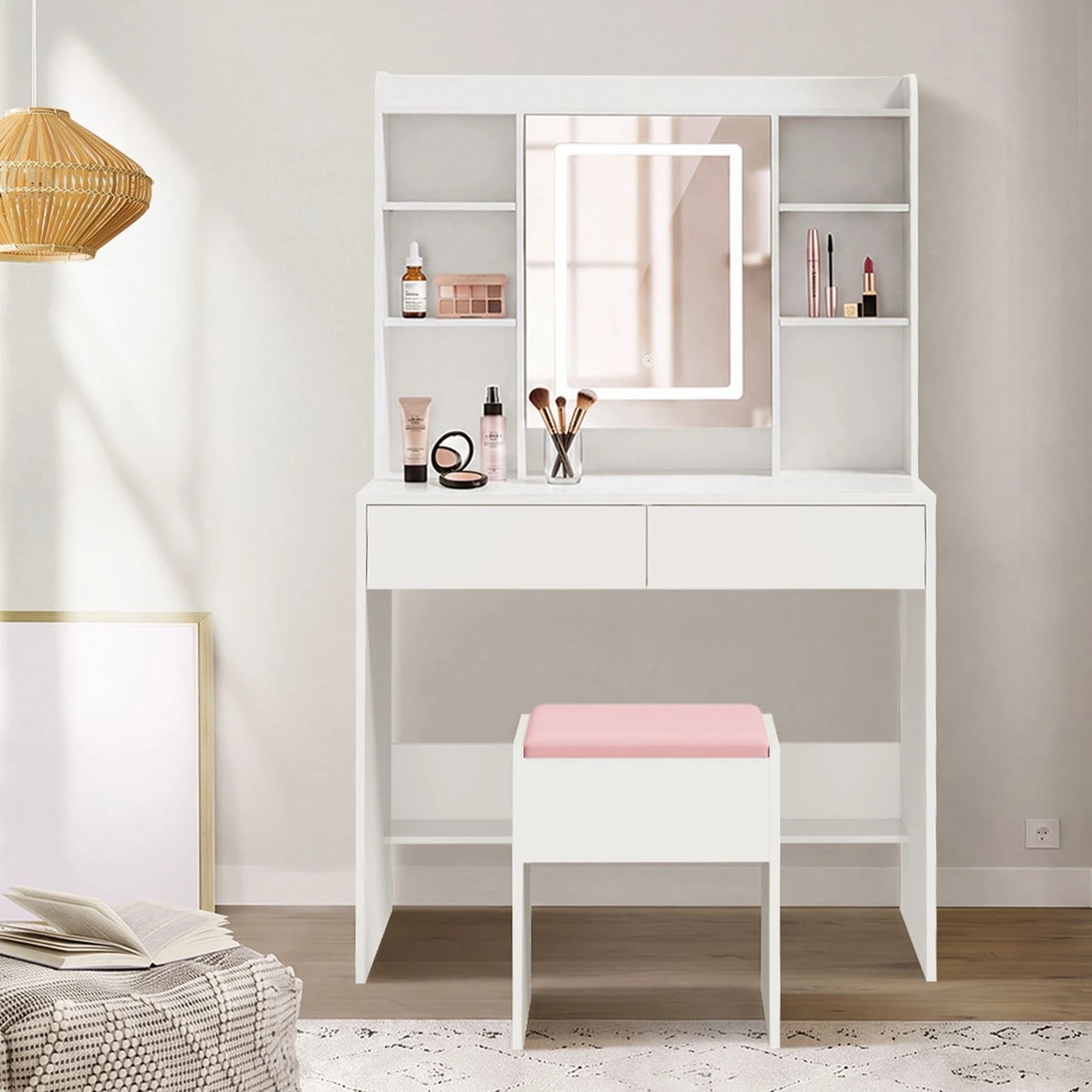 Oikiture Dressing Table Set Touch Control LED Mirror with Charging ...