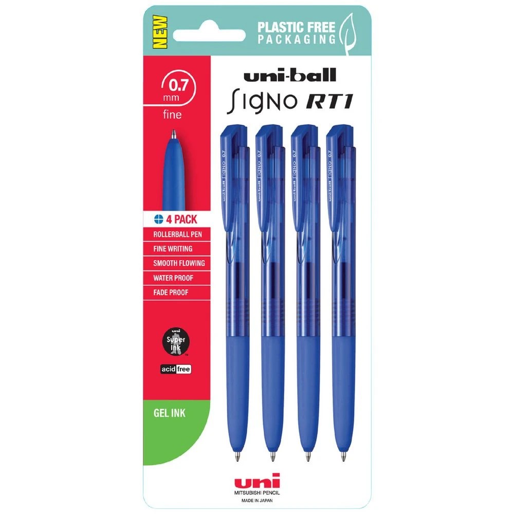 1 Uni-ball Signo RT1 Retractable Gel Pens 0.7mm Blue 4 Pack, 1 of 2