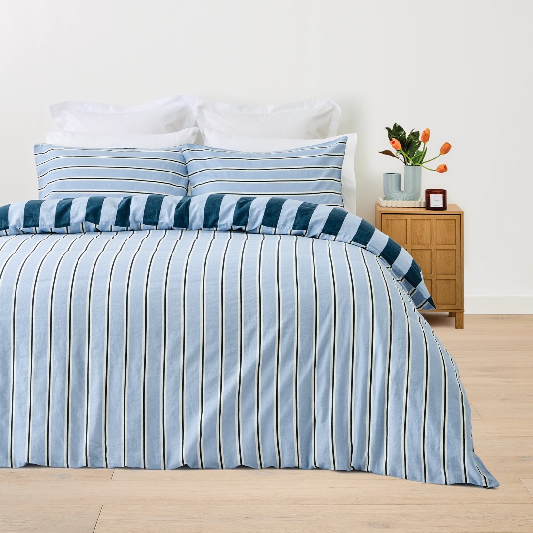 2 Stripe Linen Cotton Reversible Quilt Cover Set - Single King Bed, Blue, 2 of 8