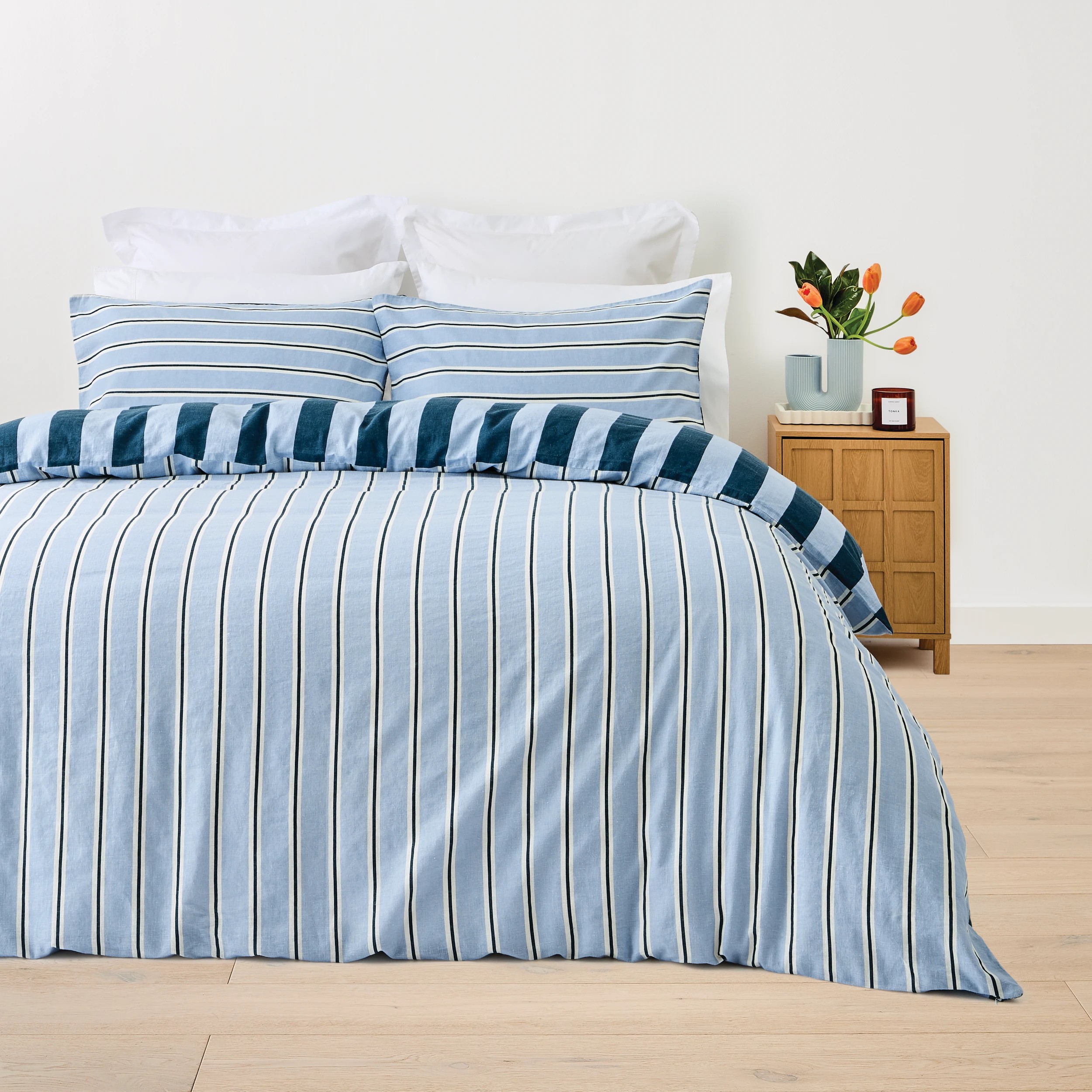 2 Stripe Linen Cotton Reversible Quilt Cover Set - Single King Bed, Blue, 2 of 8