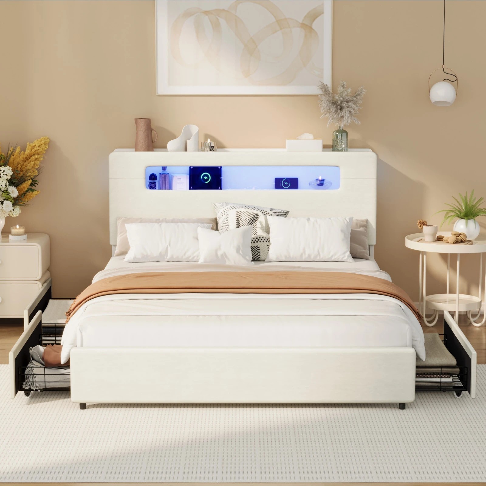 3 Oikiture Bed Frame 4 Drawers Queen Size with LED Charging Storage Bedhead - White, 3 of 7