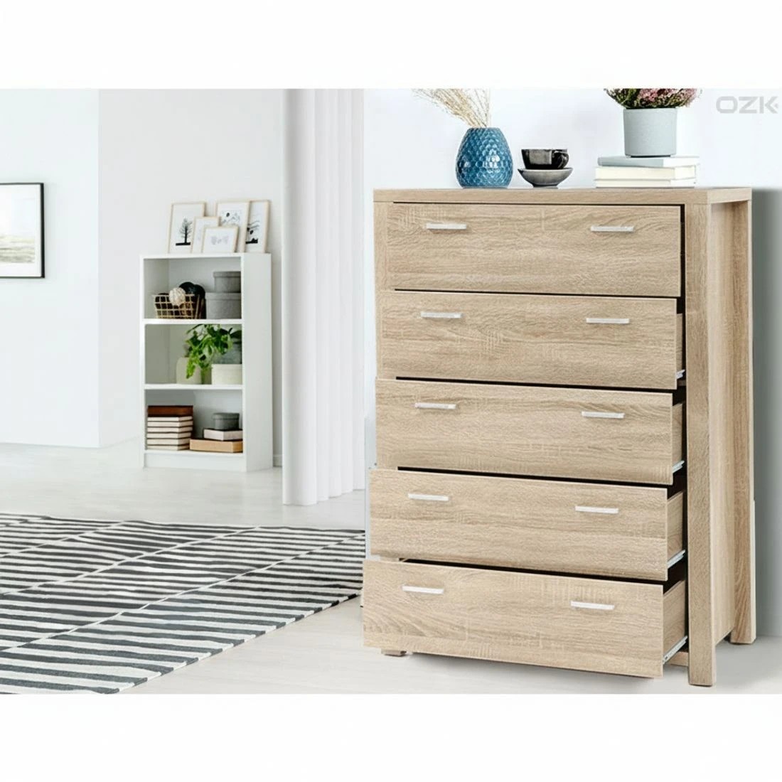 7 Artiss MAXI 5 Drawer Tallboy Chest Natural Woodgrain Metal Runners Spacious Bedroom Storage Organizer Anti Tip - brown, 7 of 8