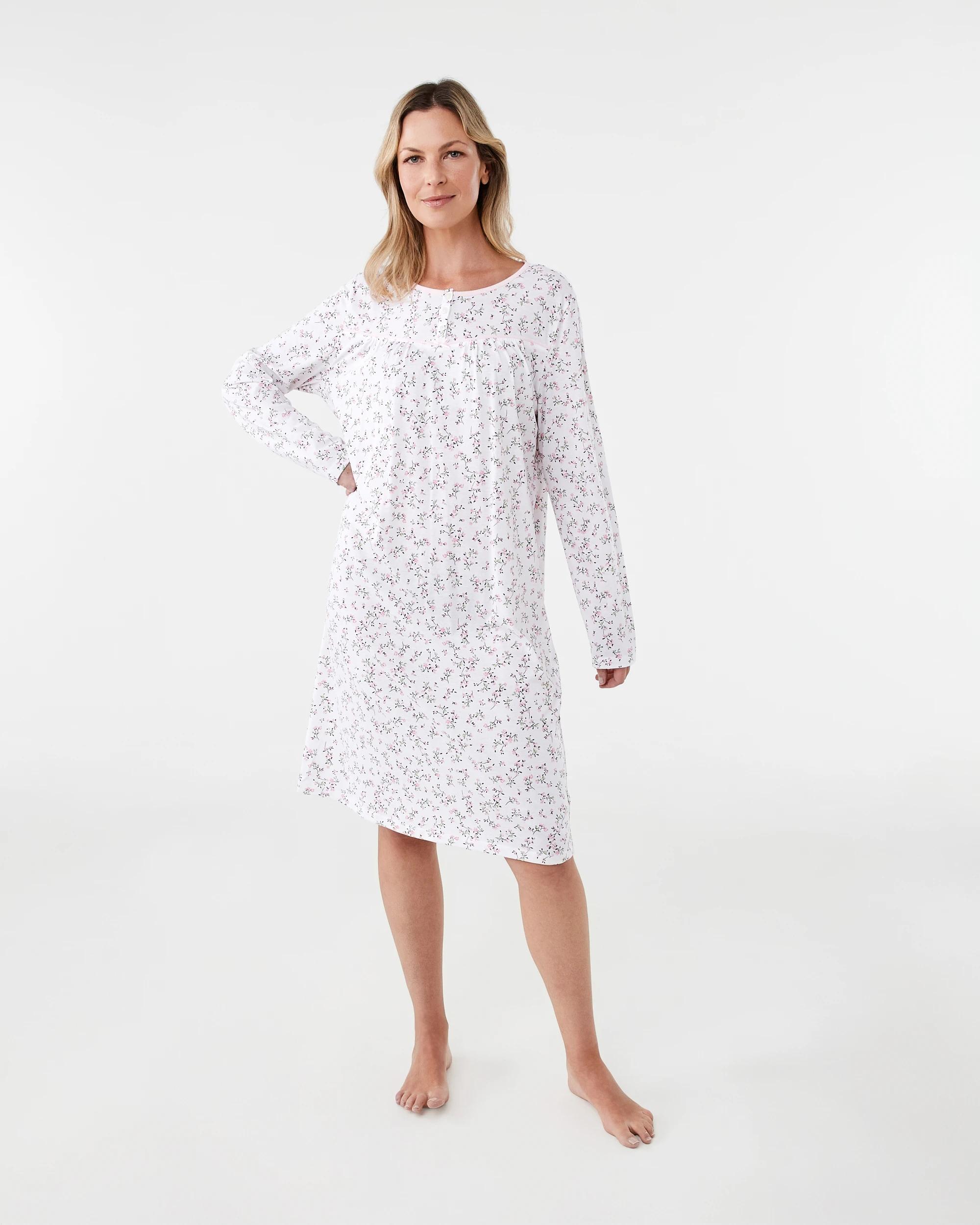 1 Cotton Blend Long Sleeve Traditional Nightie Pink Sprig, 1 of 5