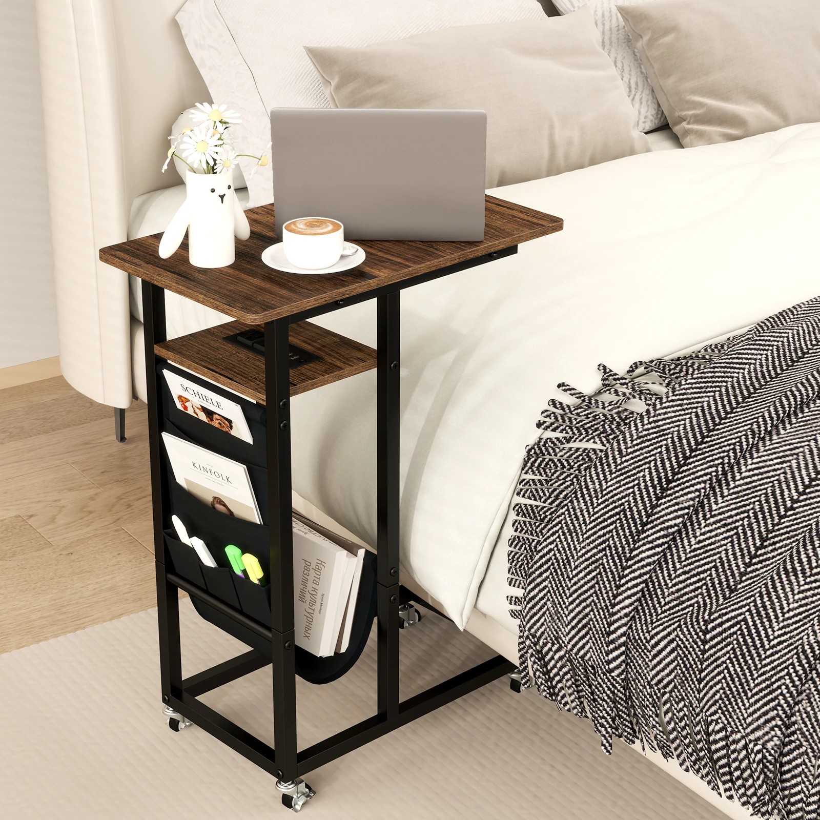 2 Costway C-shaped End Table Retractable Rolling Bedside Table w/Charging Station, 2 of 4