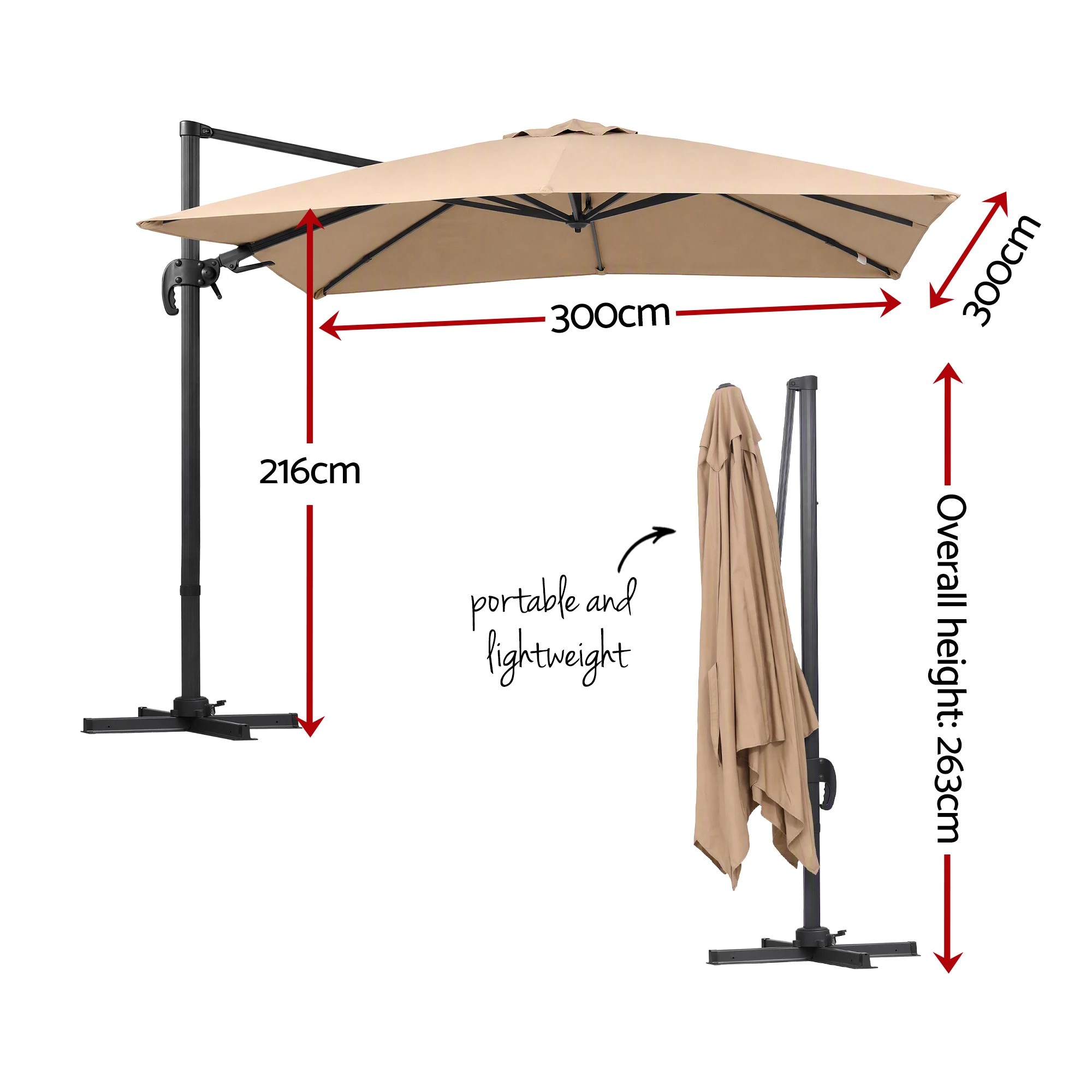 2 Instahut Outdoor Umbrella 3m Left-right Tilting Cantilever Patio Parasol - Beige, 2 of 8