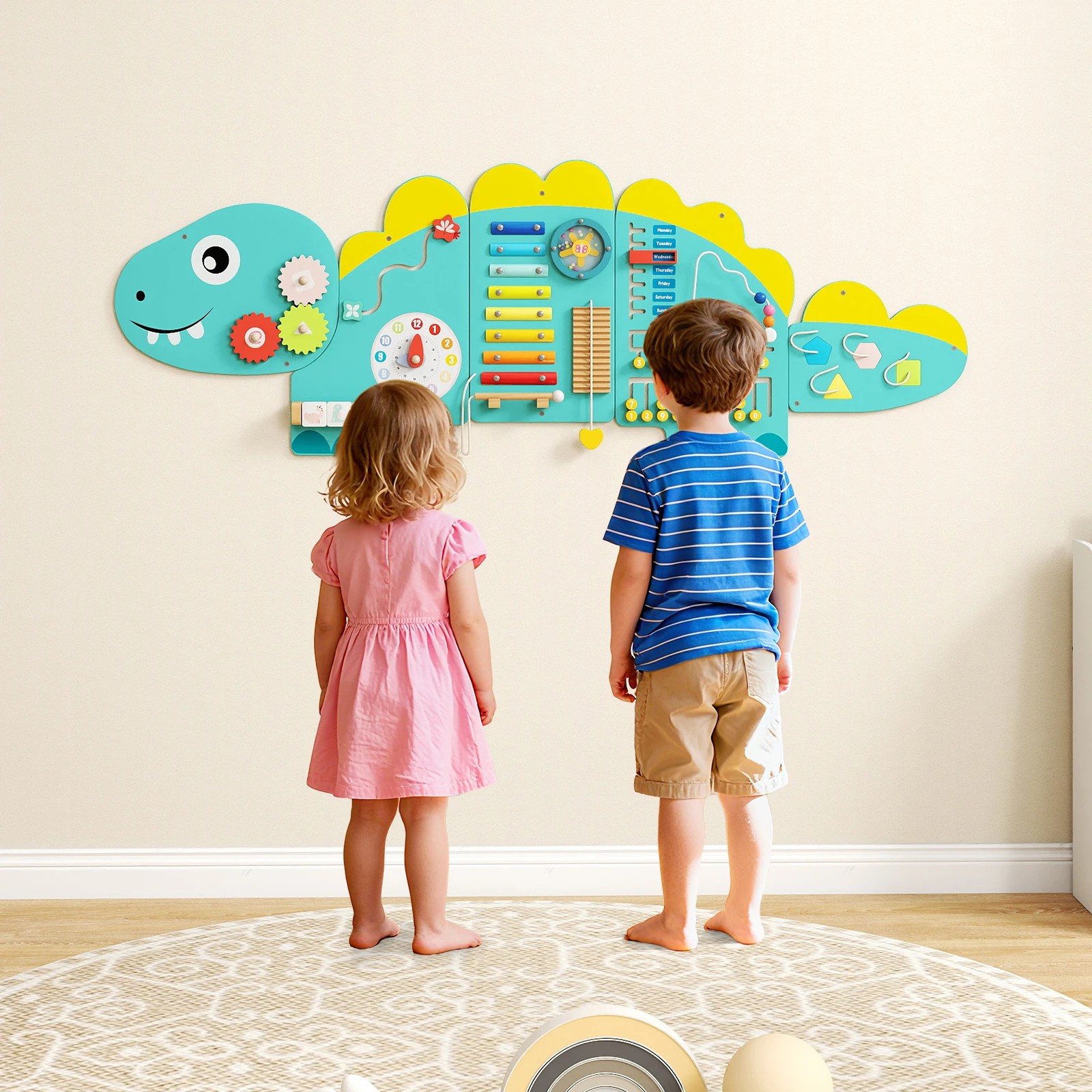 3 Costway 11in1 Wall Busy Board Panels Dinosaur-themed Sensory Board - Green, 3 of 3