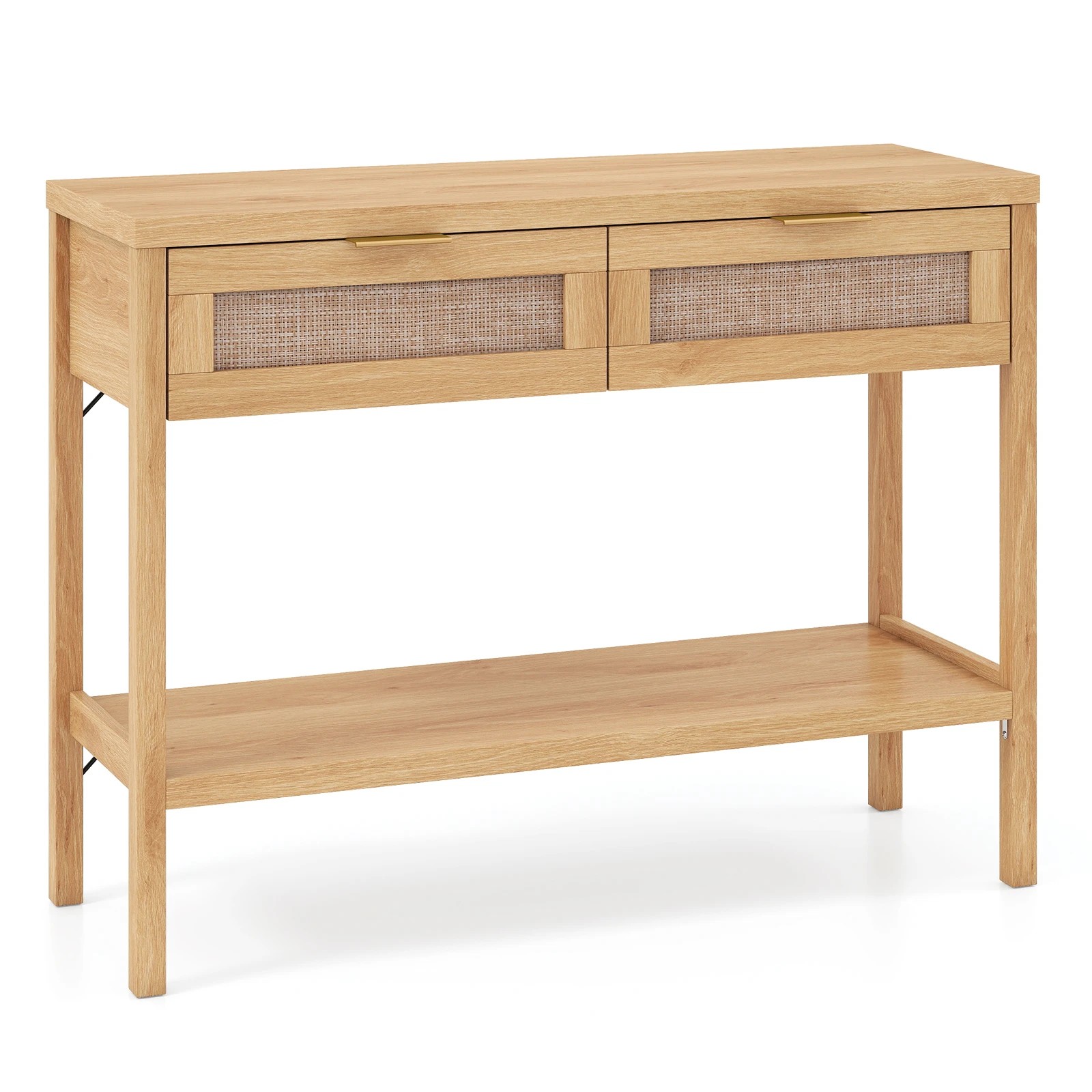 1 Costway Rattan Console Table Narrow Sofa Side Table w/2 Drawers, 1 of 6