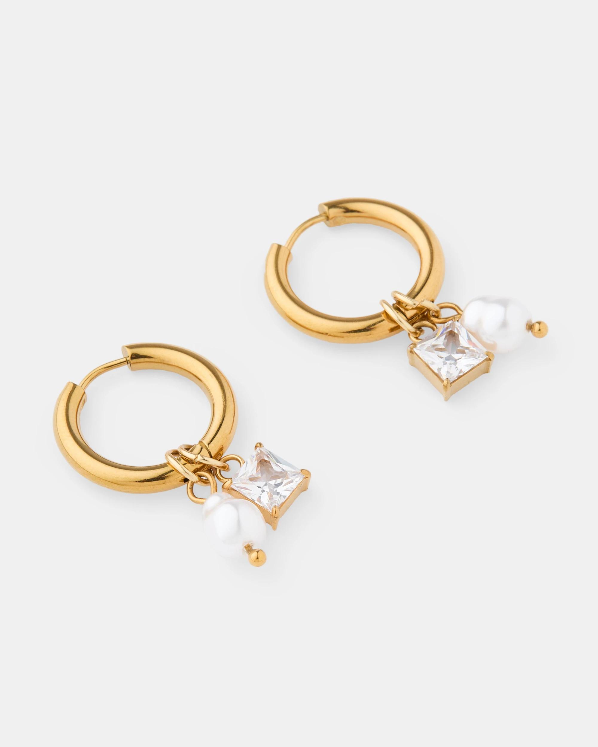 3 Waterproof Stainless Steel Faux Pearl Drop Hoop Earrings - Gold Tone Gold, 3 of 5