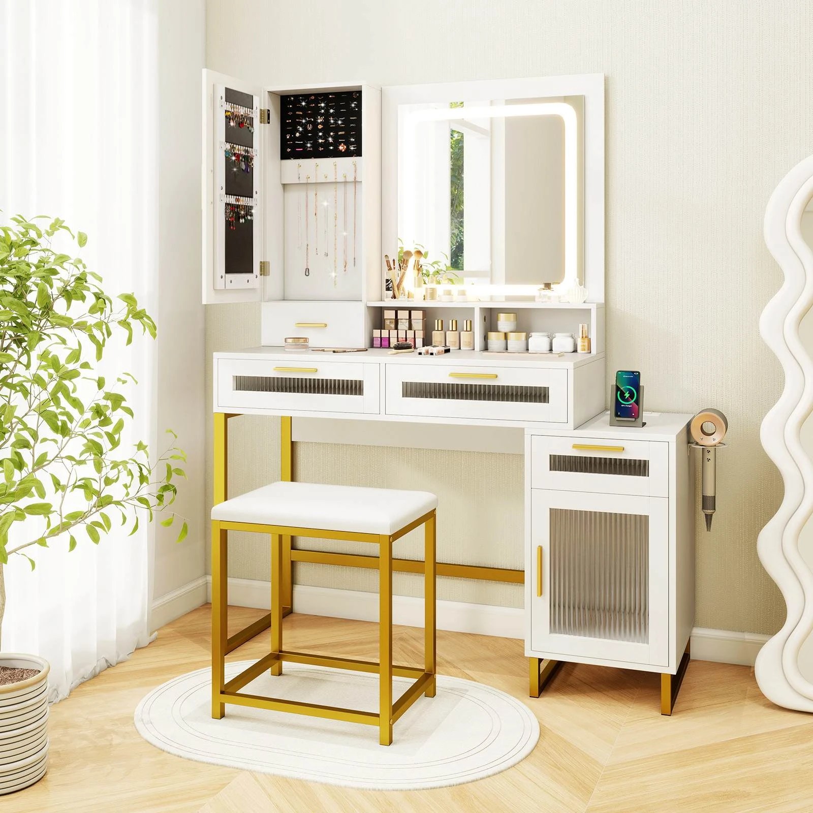2 Costway 3-Color LED Vanity Dressing Table Stool w/Charging Station & Jewelry Cabinet, 2 of 4