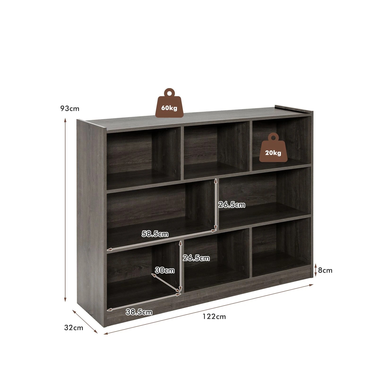 4 Costway 3-Tier Toy Organiser Shelf 8-Cube Bookcase Bookshelves Wooden Display Storage Cabinet - Grey, 4 of 4