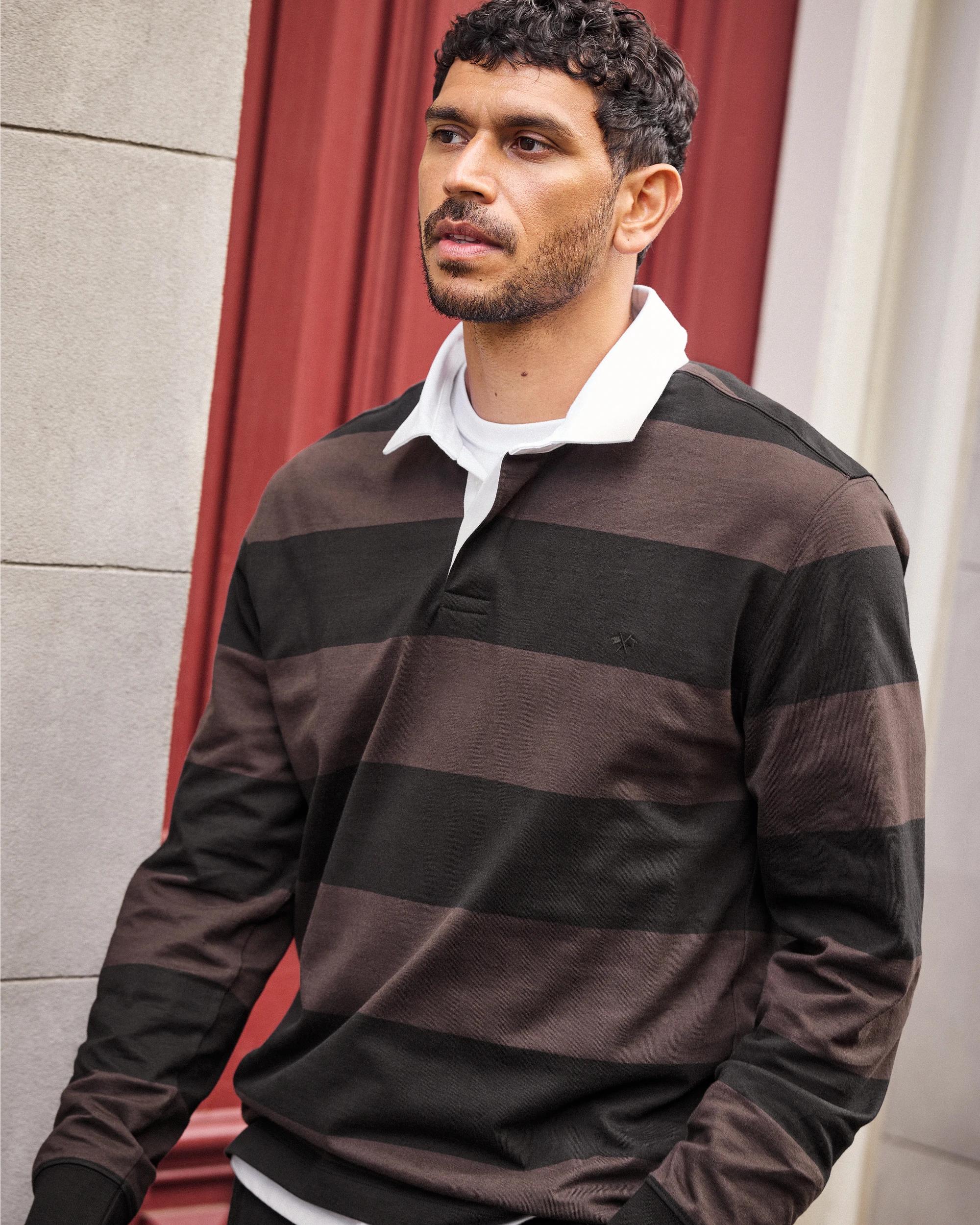 8 Target Man Australian Cotton Long Sleeve Rugby Polo Top CHOCOLATE STRIPE, 8 of 9