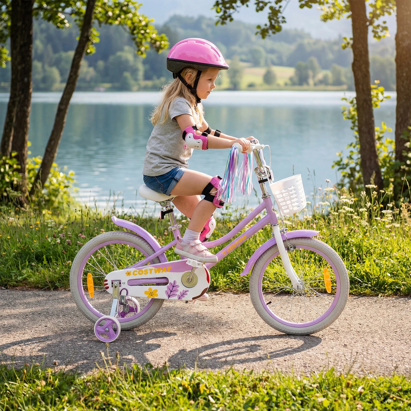3 Costway 40cm Kids Bike Bicycle Ride-on w/Training Wheels & Doll Seat & Front Basket Beginner - Purple, 3 of 4