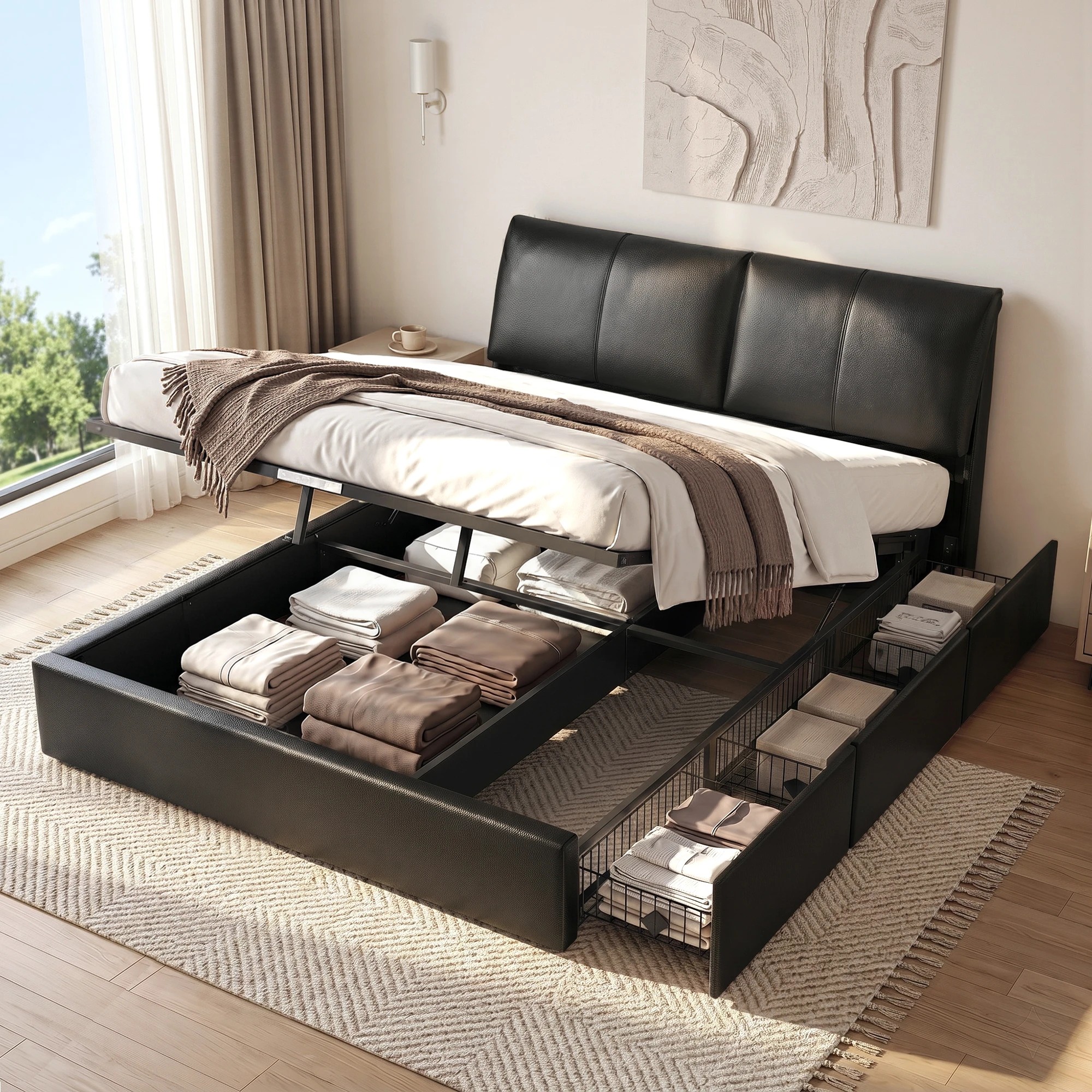 2 Artiss King Bed Frame Gas Lift Storage 3 Drawers Adjustable Headboard Platform Bed - Black, 2 of 9