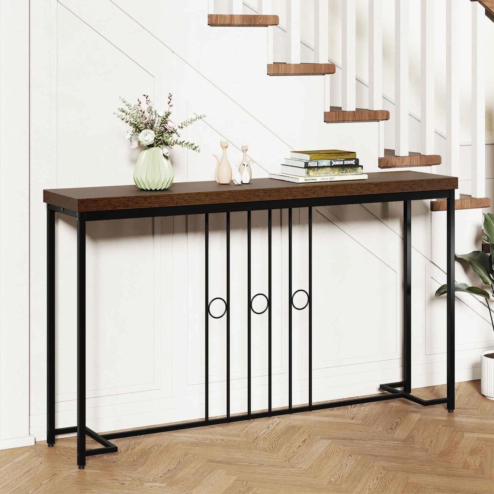 3 Costway Industrial Console Table 140cm Entryway Table Spacious Tabletop Behind Sofa, 3 of 5