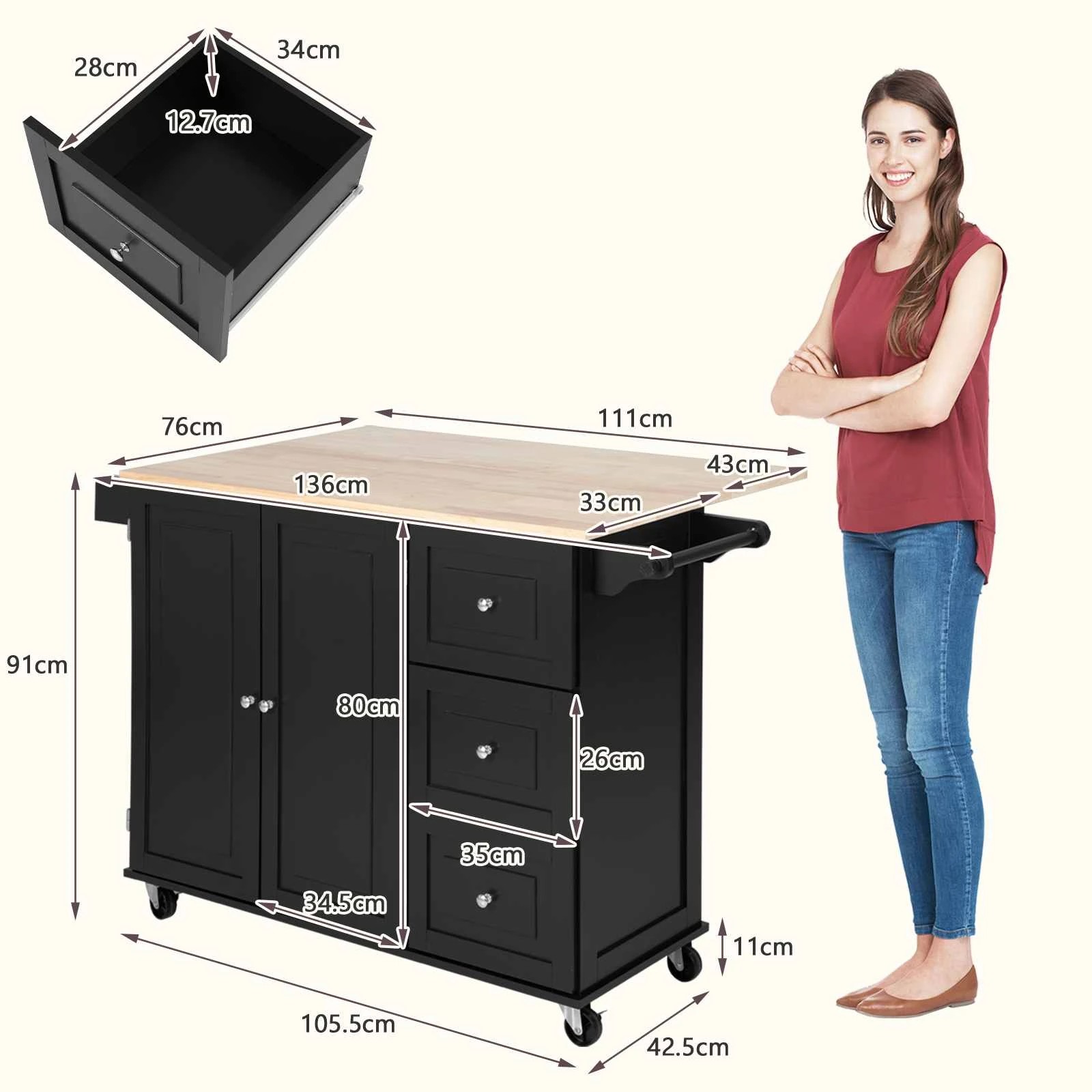 4 Costway Rolling Kitchen Island Sideboard Trolley Buffet Cart - Black, 4 of 4