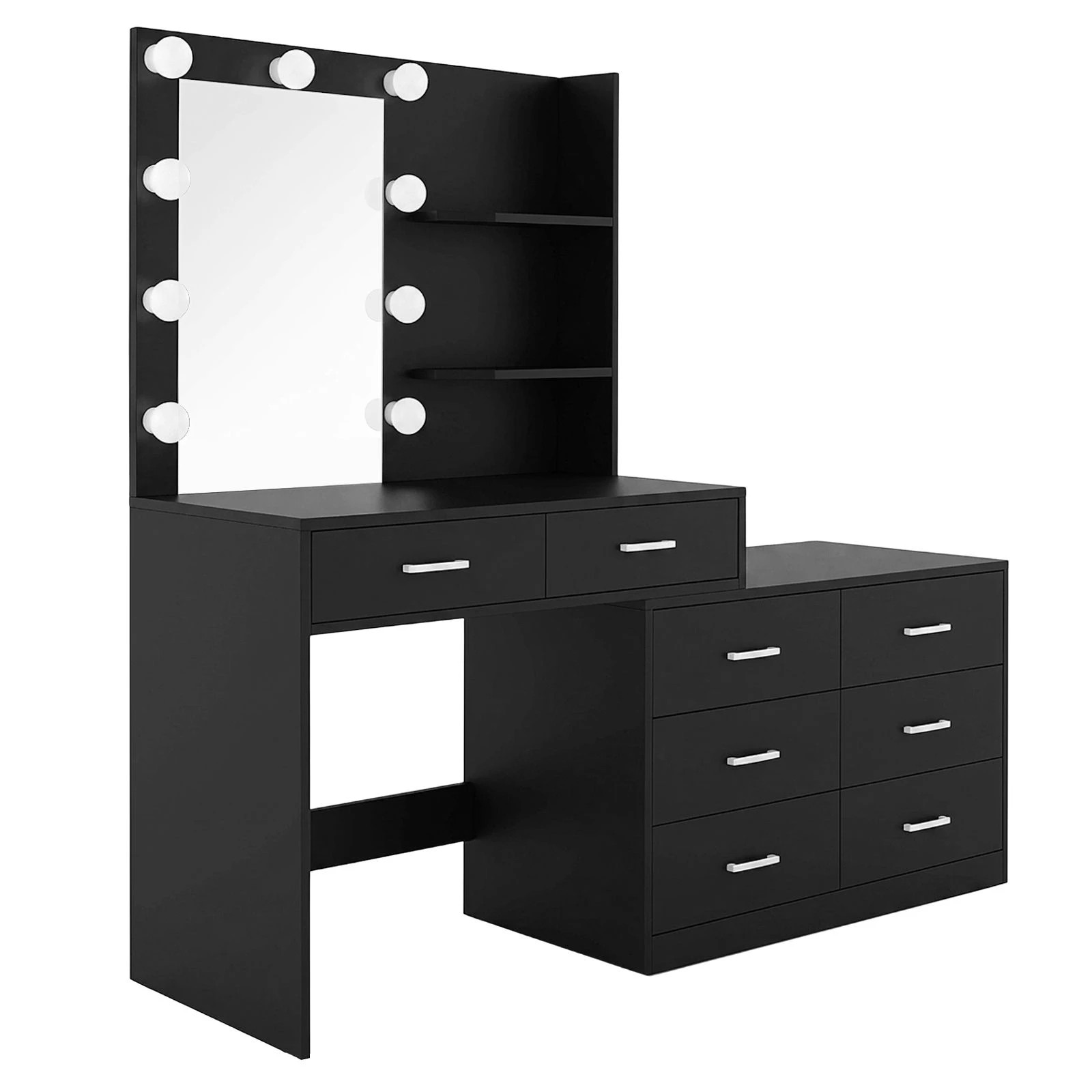 2 Ausway Hollywood Mirror Dressing Table with 10 LED Lighted Bulbs, 3 Lighting Colours, 8 Drawers & 2 Shelves, 2 of 7