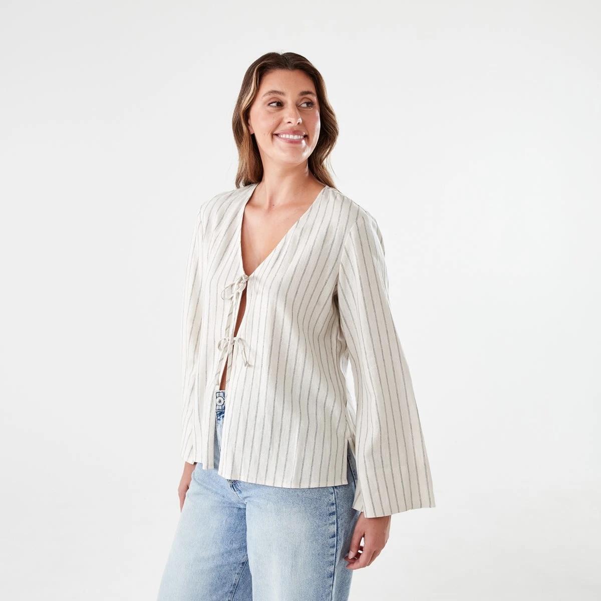 2 Long Sleeve Tie Front Linen Blend Top DOUBLE STRIPE, 2 of 5