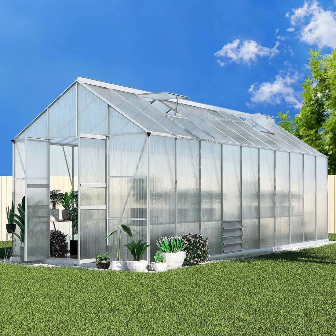 6 Green Fingers Greenhouse Double Doors Aluminium Green House Garden Shed - Silver, 6 of 6
