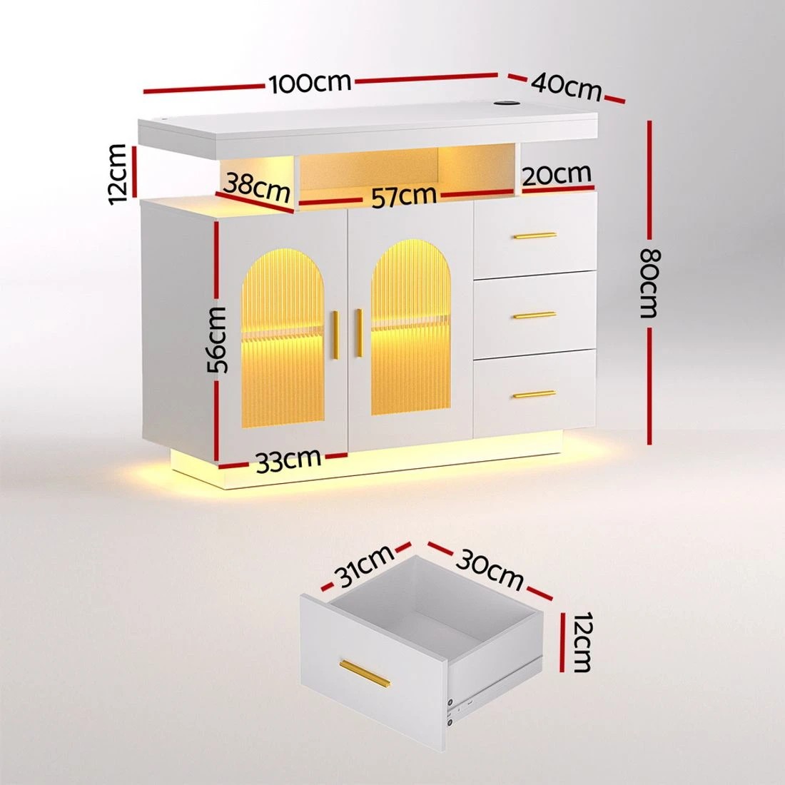 1 Artiss Buffet Sideboard Cabinet LED Clear Door Kitchen Storage Drawers - White, 1 of 6