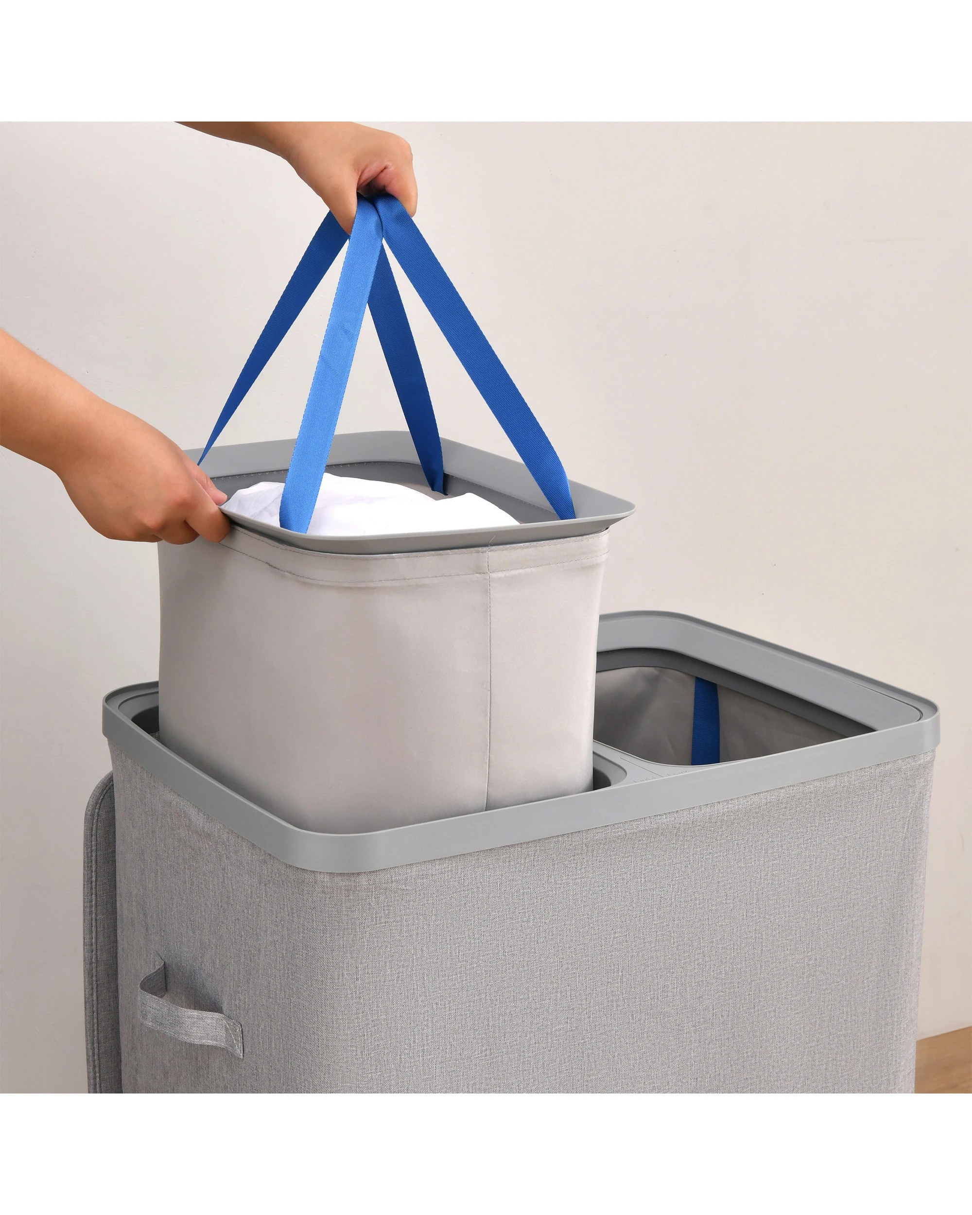 2 Sherwood Voyager 2-Section Laundry Hamper 100L Faux Linen 56x40x67cm - Grey, 2 of 8