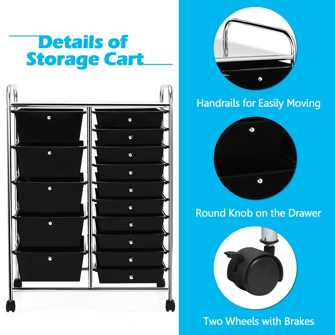 5 Costway 15 Drawers Rolling Storage Cart Mobile Utility Trolley - Black, 5 of 10