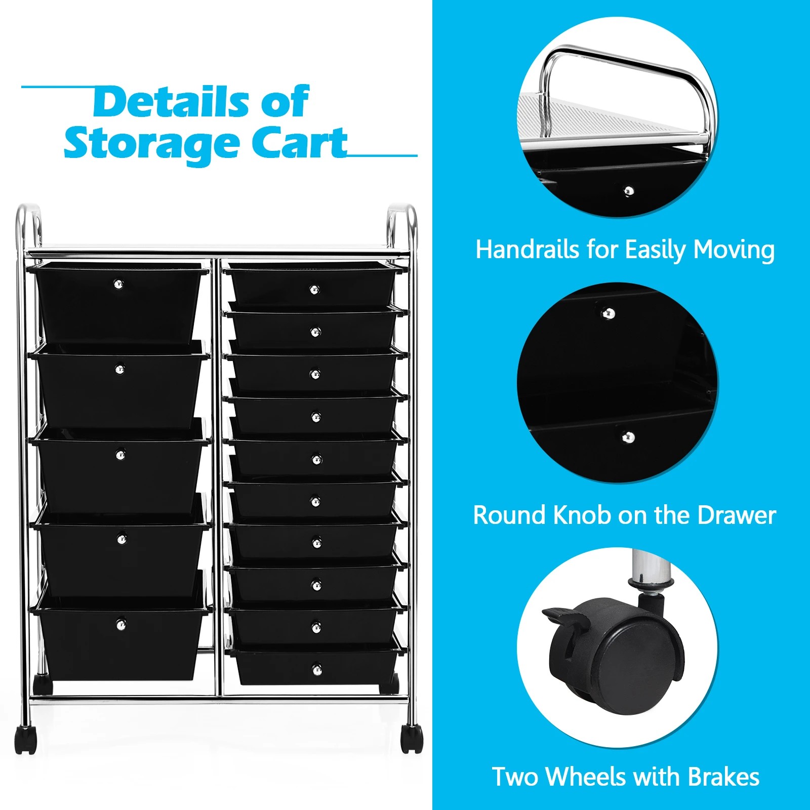 5 Costway 15 Drawers Rolling Storage Cart Mobile Utility Trolley - Black, 5 of 10
