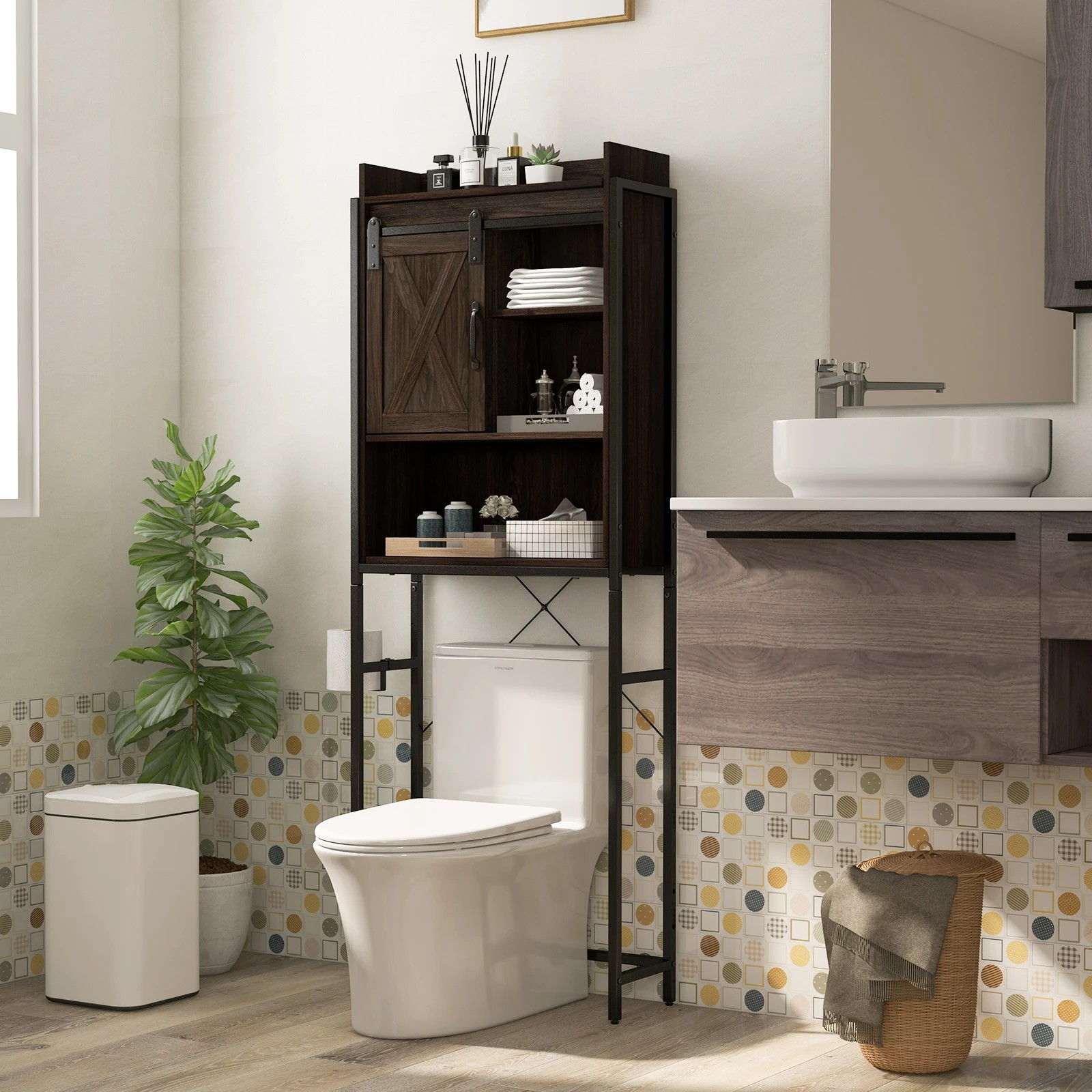 2 Costway 4-Tier Over Toilet Storage Cabinet w/Shelf & Sliding Door Bathroom, 2 of 4