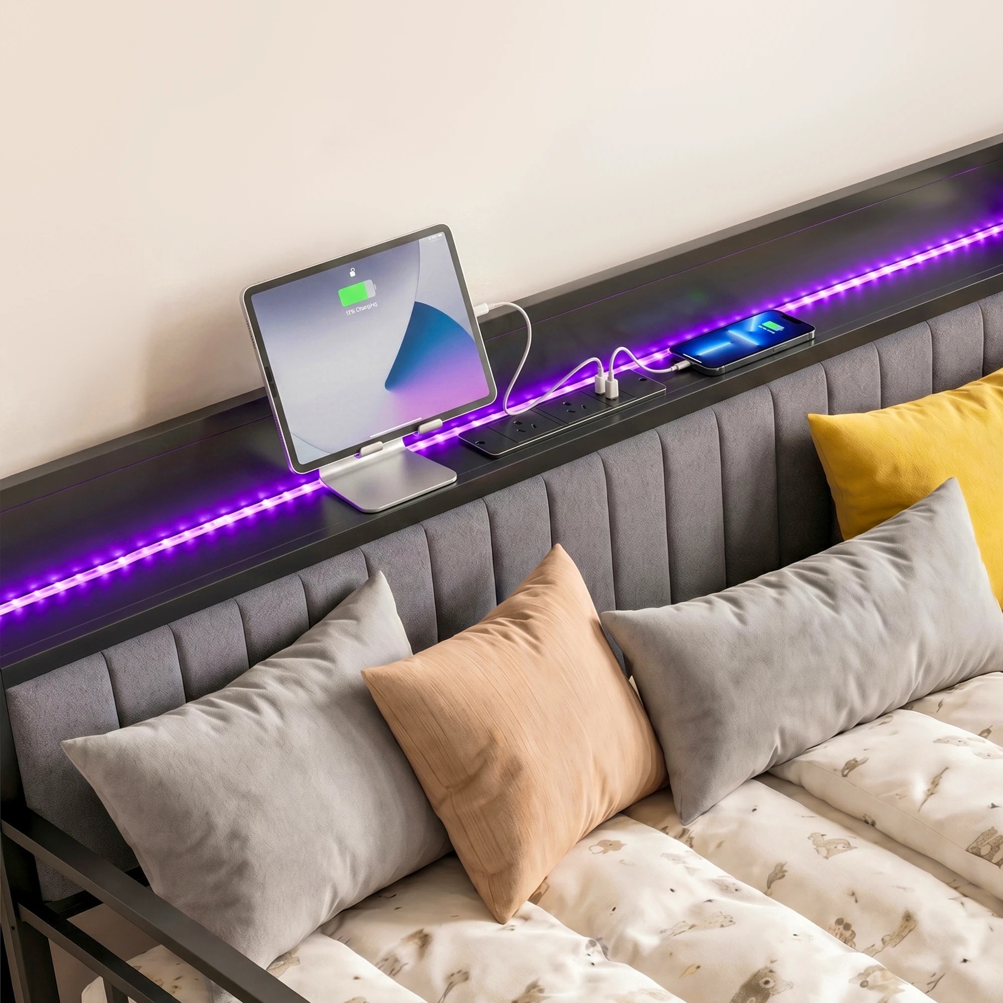 6 Artiss Bed Frame LED Metal Trundle Daybed with Charging Station - Double Bed - Black, 6 of 8