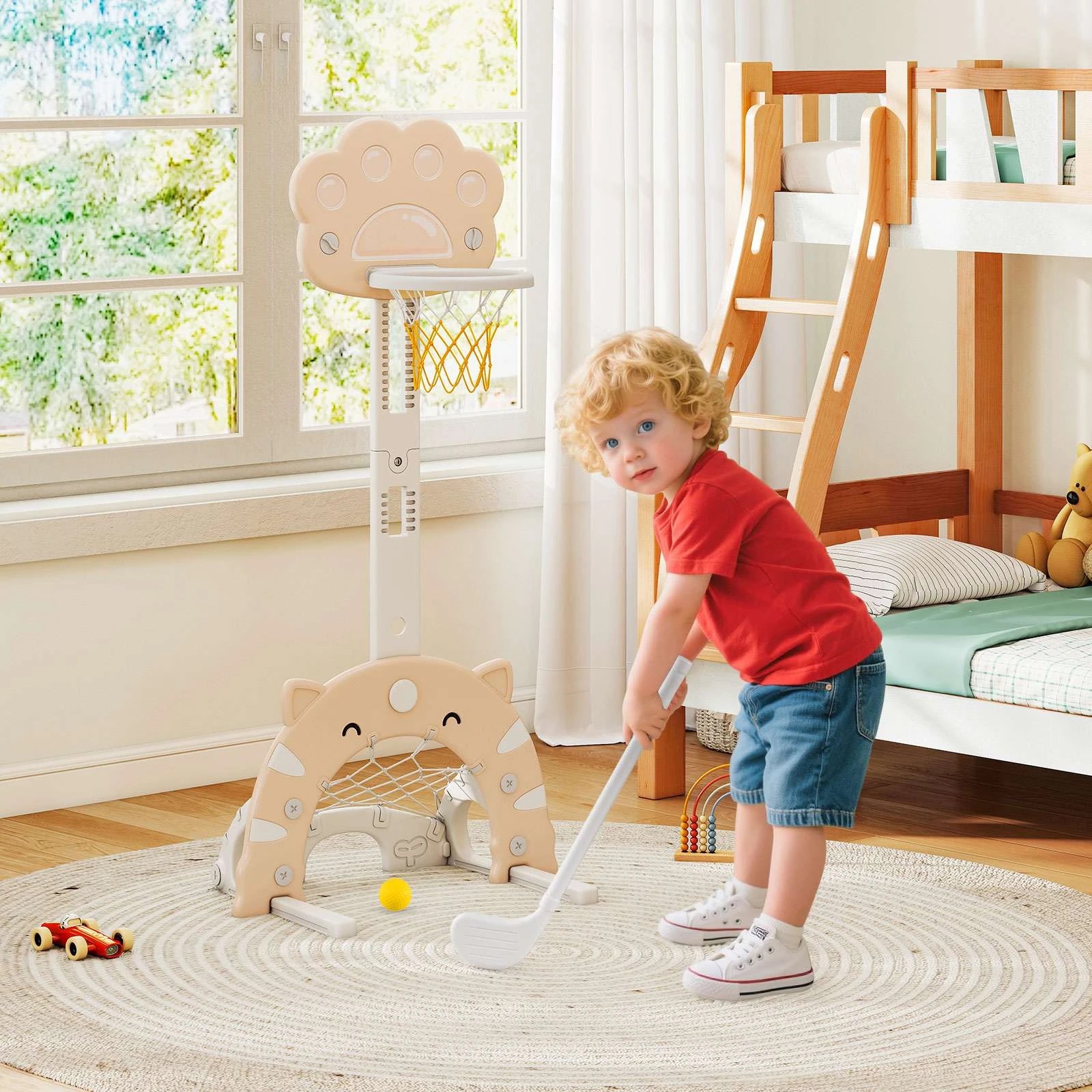 3 Costway 3 in 1 Basketball Hoop Play Set Adjustable Sports Center Soccer Golf Playset - Beige, 3 of 3
