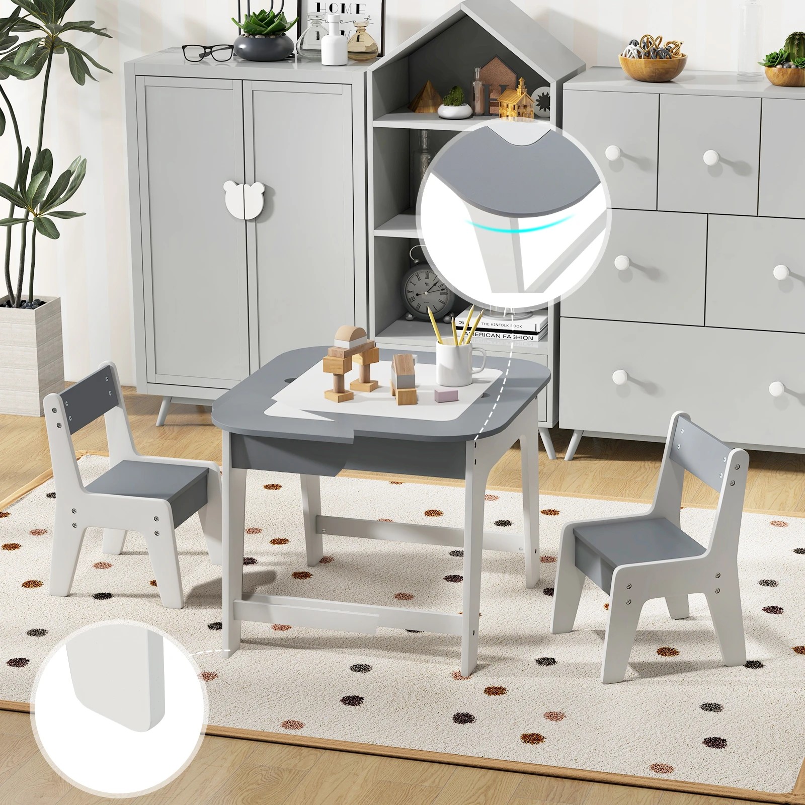 3 Costway Double-Sided Kids Drawing Table & Chairs Set - Grey, 3 of 6