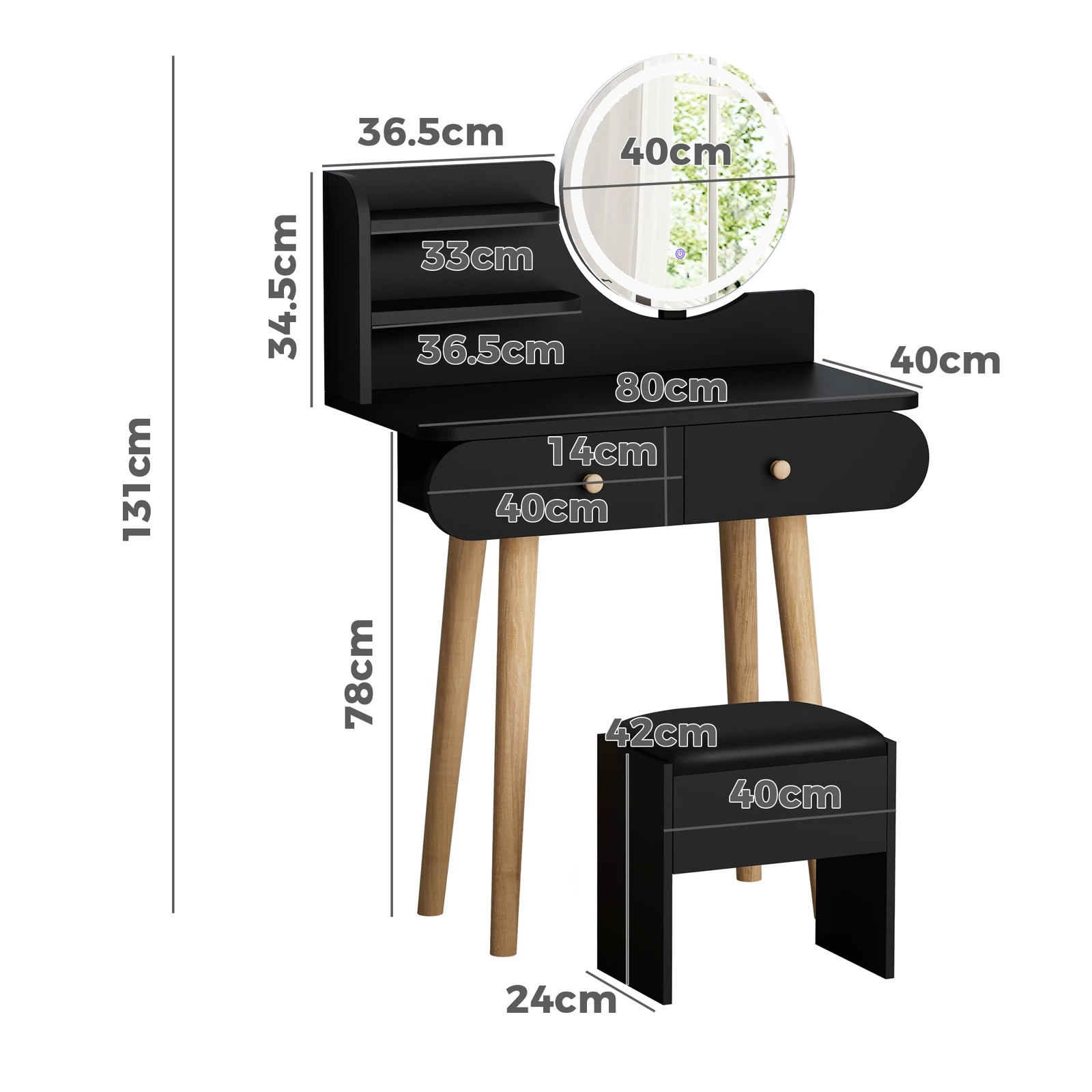 5 Alfordson Dressing Table Stool Set Makeup Mirror Vanity LED Light - Black, 5 of 10