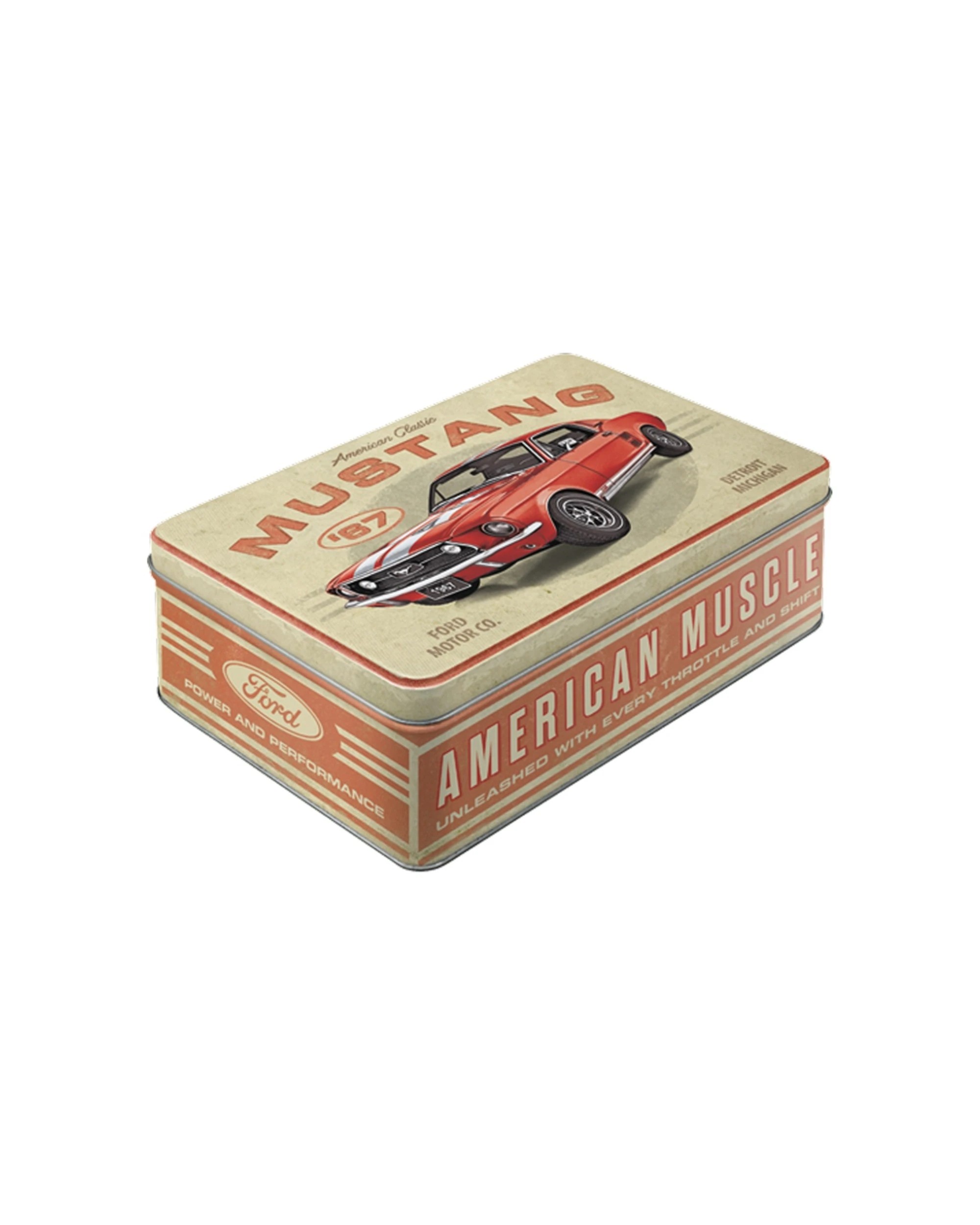 1 Nostalgic Art Flat Tin Storage Box Embossed Design 2.5L Capacity - Ford Mustang GT 1967 - Red, 1 of 1