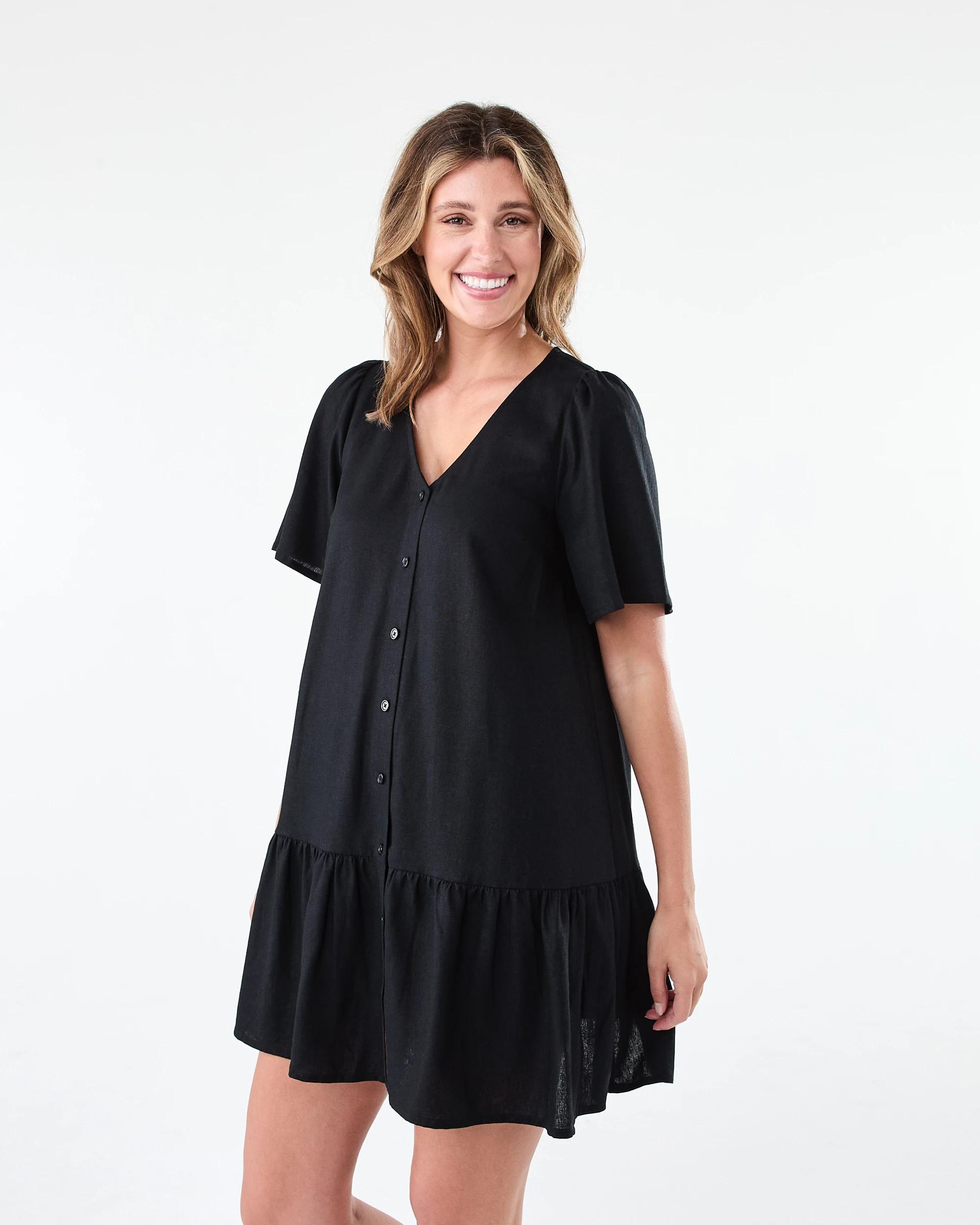 2 Short Sleeve Linen Blend Drop Tier Mini Dress Black, 2 of 8