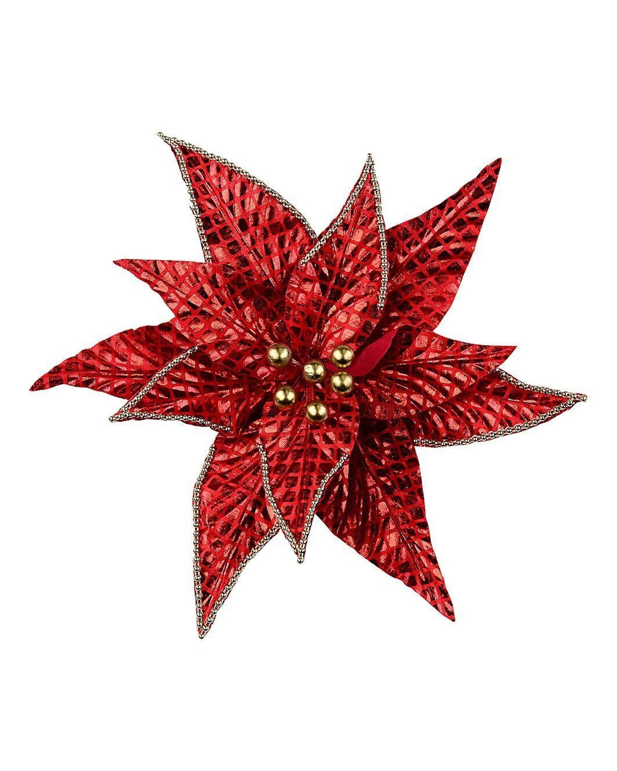Christmas Warehouse Shiny Red Grid Pattern & Gold Beads Poinsettia ...