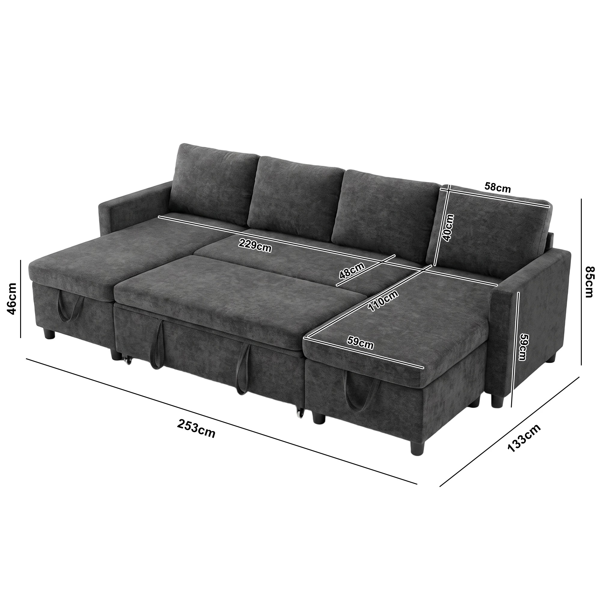 2 Advwin 253cm Sofa with Pull Out Bed U Shaped Chenille Convertible Sleeper Sofa Bed with Double Storage Chaise - Grey, 2 of 9