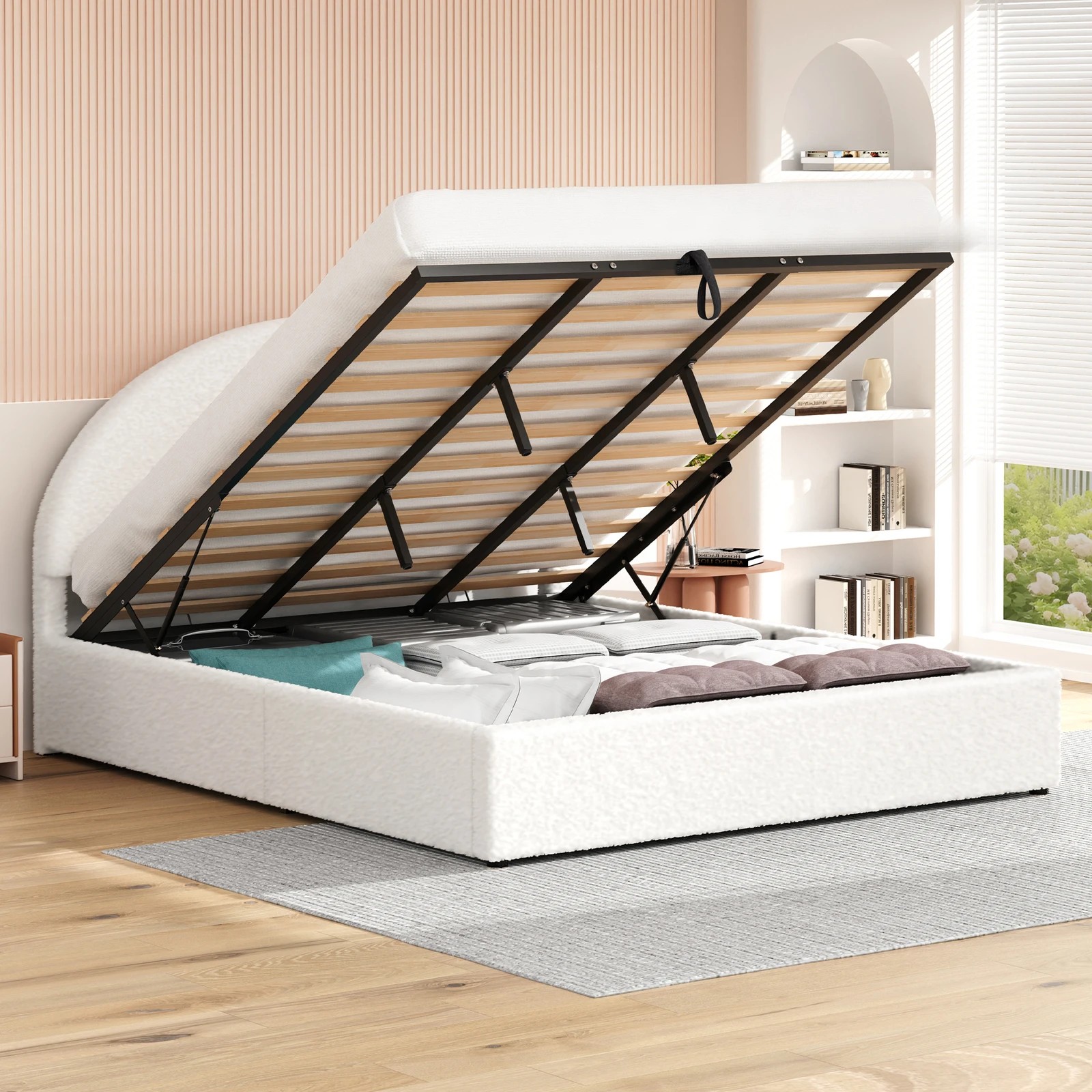 4 Alfordson Bed Frame King Size Arched Base Gas Lift Storage Boucle Hoult - White, 4 of 10