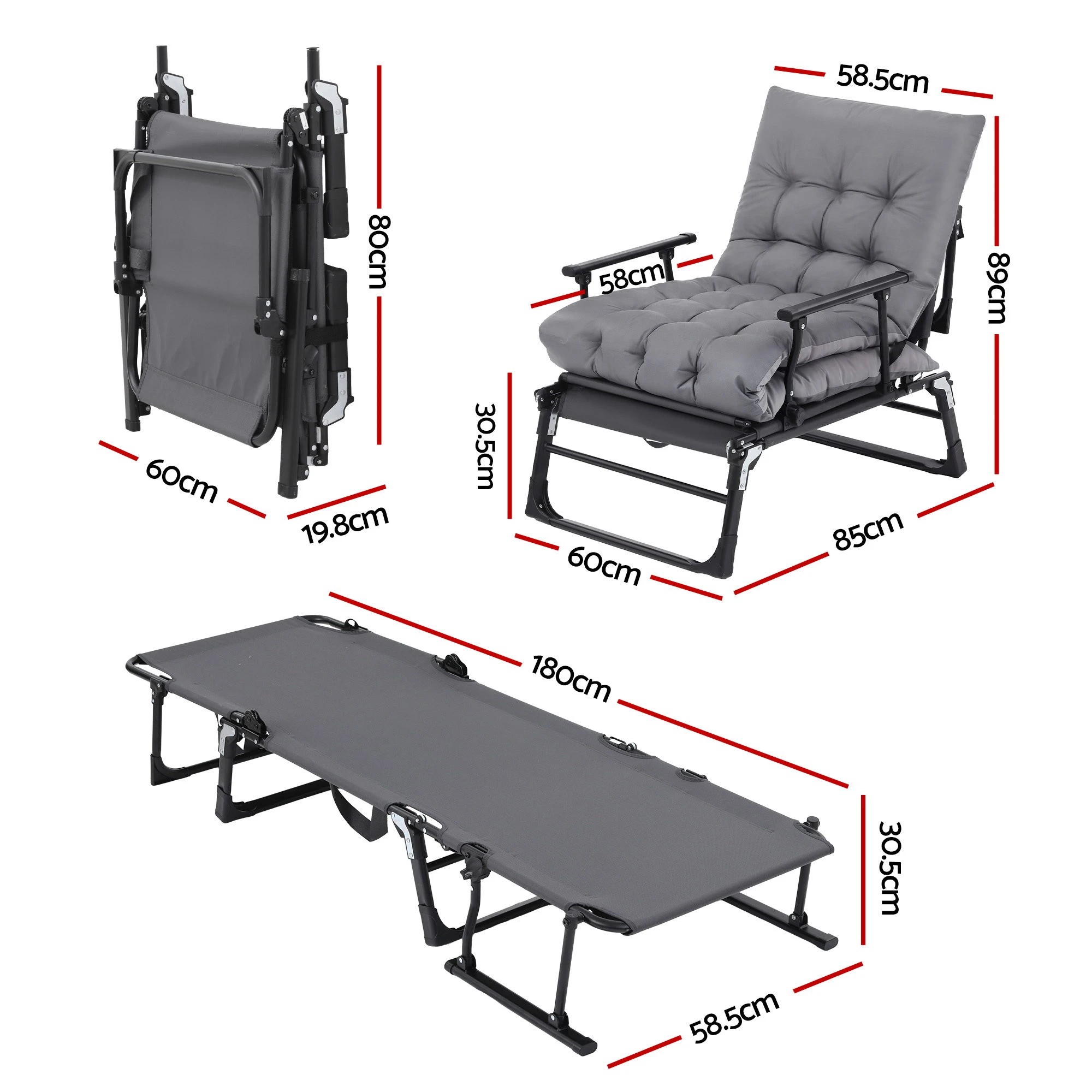 3 Gardeon 3-in-1 Sun Lounger Folding Camping Chair Adjustable Recliner Patio Furniture for Office Nap, Poolside - Grey, 3 of 8
