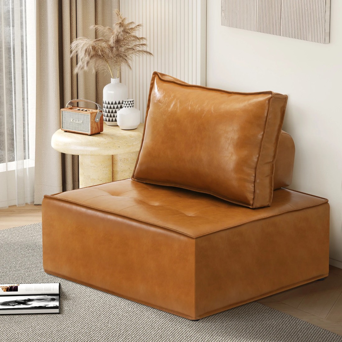 2 Oikiture 1pc Modular Sofa Lounge Chair Armless Tofu Back Pu Leather
 - Brown, 2 of 10