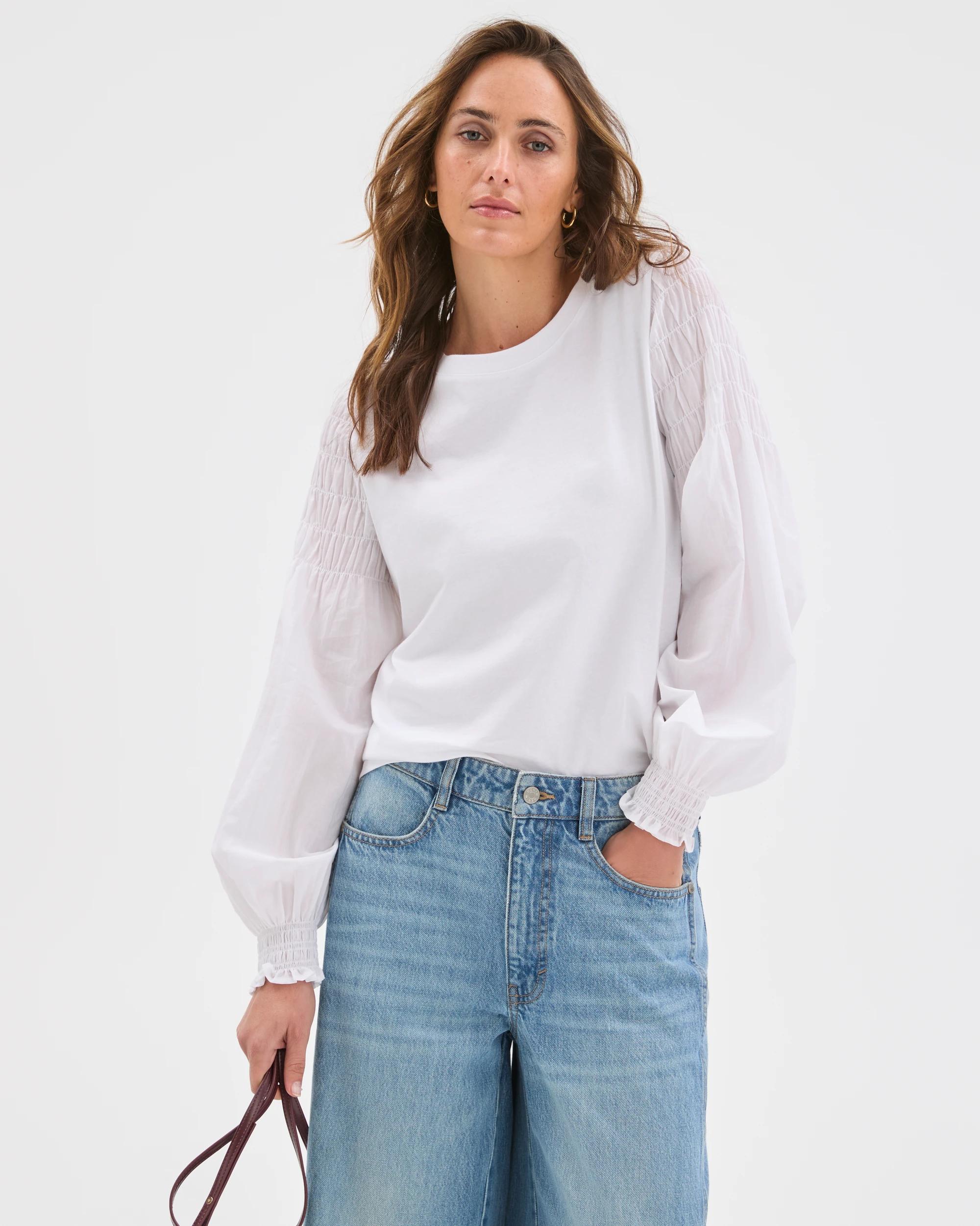 3 Target Woman Australian Cotton Long Sleeve Shirred Sleeve Top BRILLIANT WHITE, 3 of 6