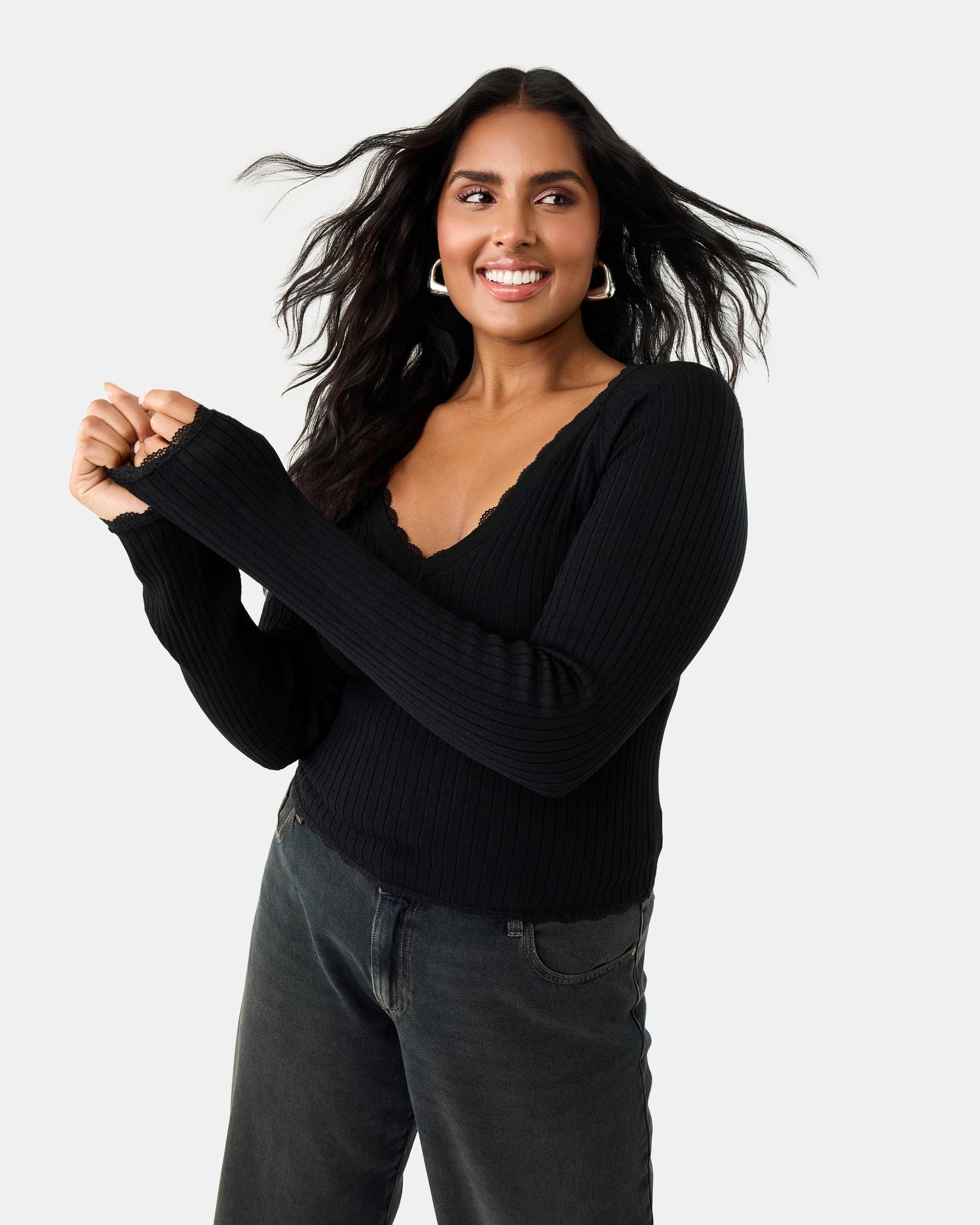 3 Long Sleeve True Knit Lace Detail Top Black, 3 of 9