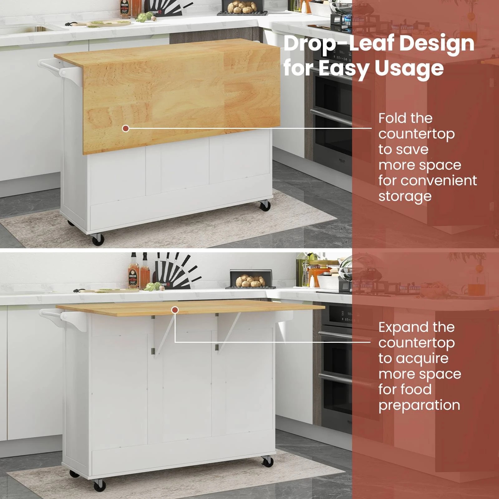 3 Costway Wood Kitchen Island Drop-leaf Trolley White, 3 of 9