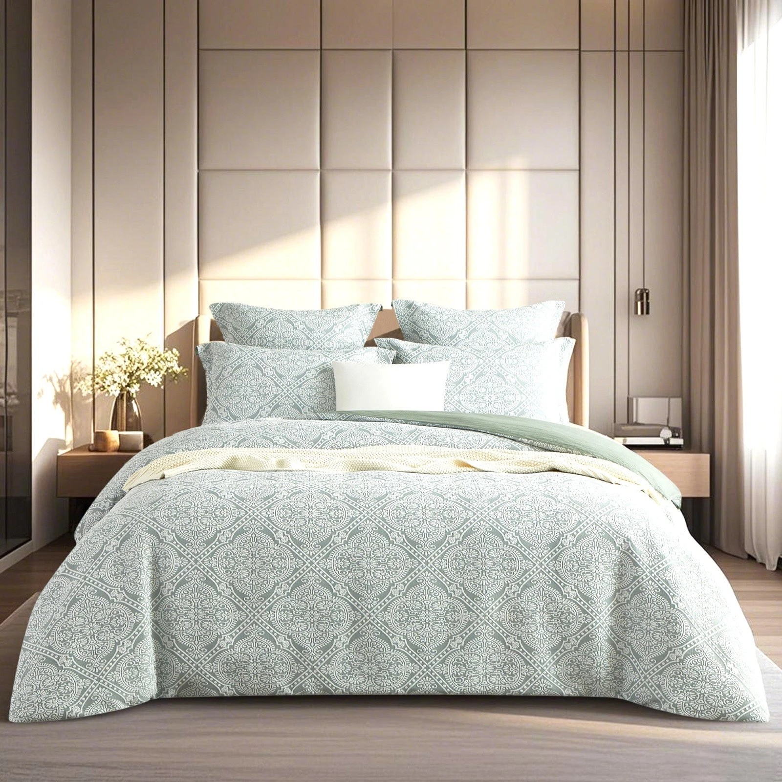 1 Renee Taylor Mayfair Jacquard Cotton-Blend Quilt Cover Set, Sage. - Green, 1 of 4