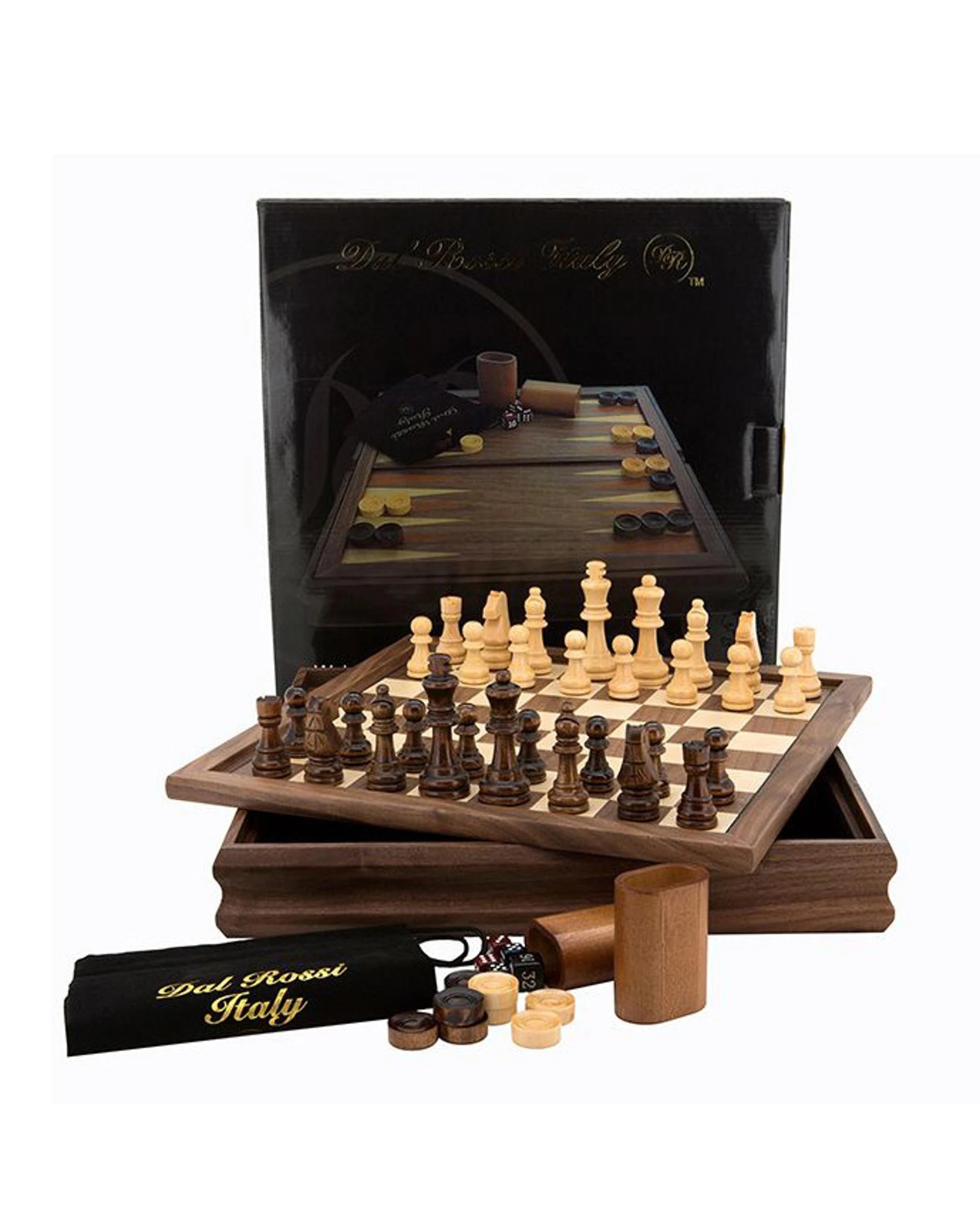 2 Dal Rossi 14 inch Walnut 3-in-1 Chess/Backgammon/Checkers Set, 2 of 4