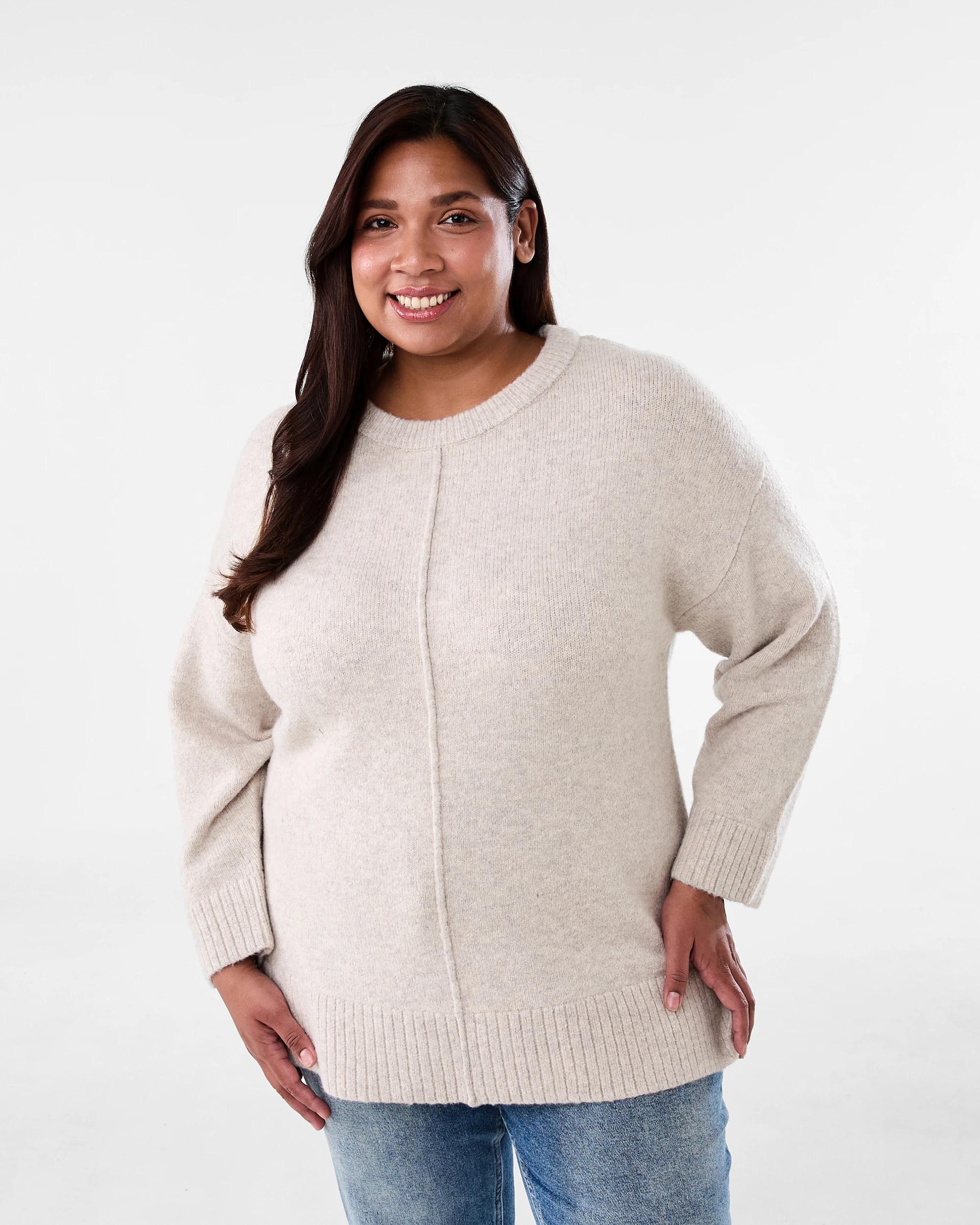 1 Curve Front Seam Crew Neck Jumper Nat Beige, 1 of 8