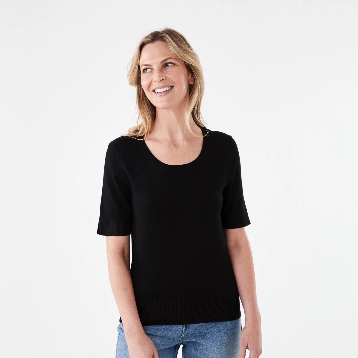 1 Short Elbow Sleeve Scoop Neck Top Black, 1 of 6