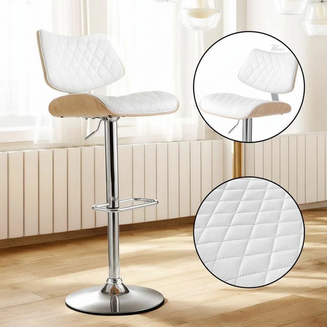 6 Artiss 4x Bar Stools Kitchen Dining Chairs Gas Lift Stool Wooden Leather - White, 6 of 7