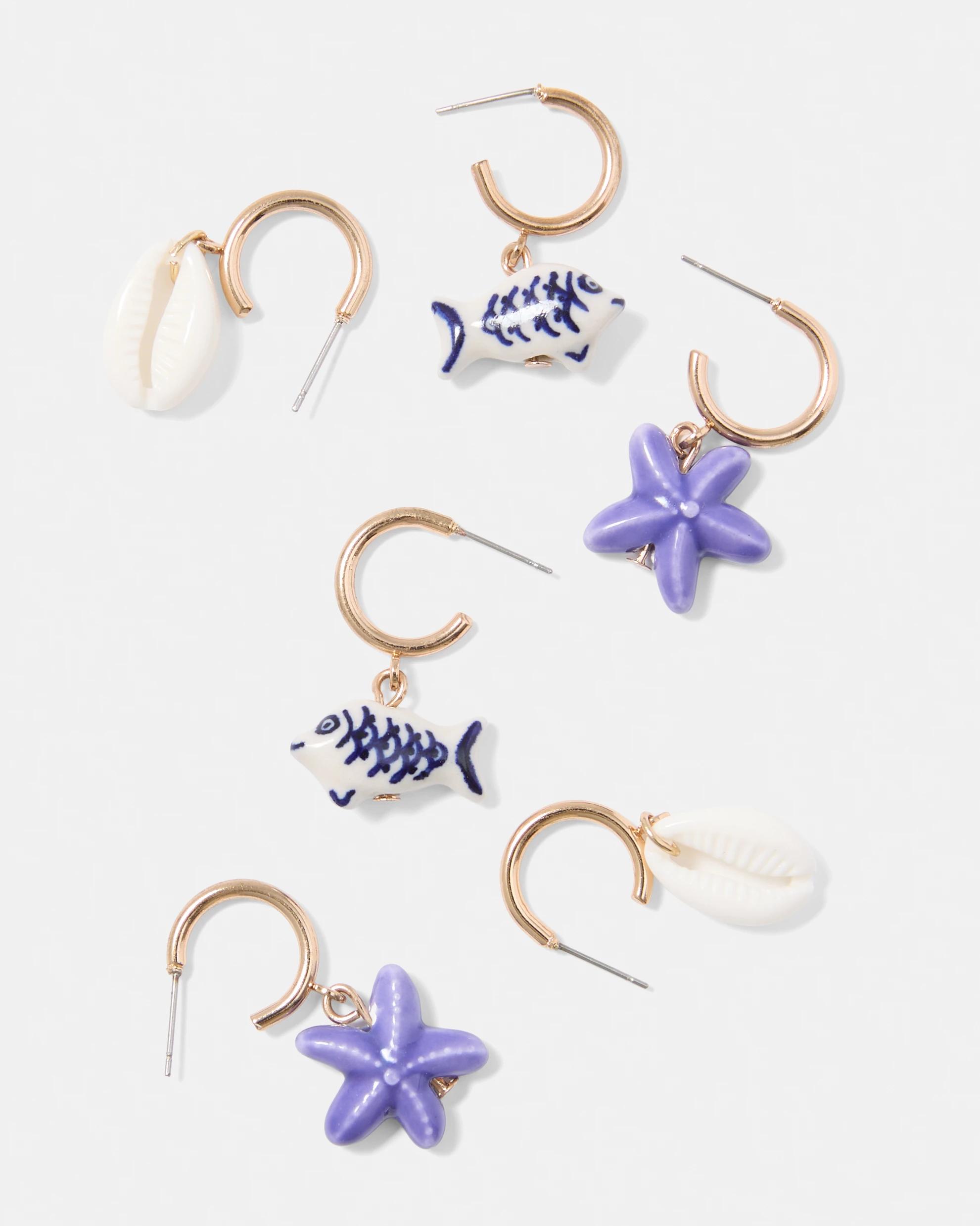 2 3 Pack Fish Hoop Earrings - Blue, White and Gold Tone Gold, 2 of 5